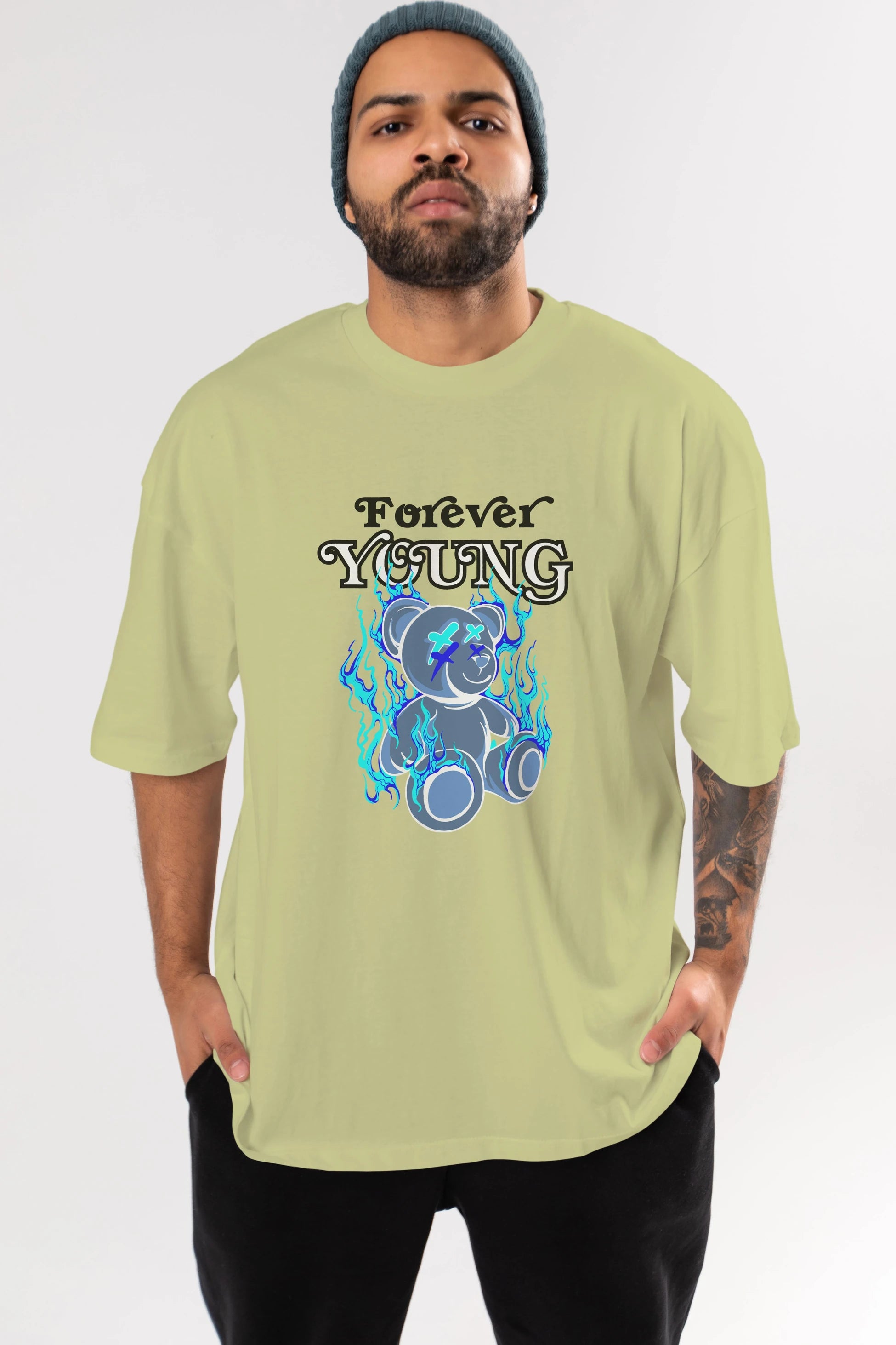 Forever Young Bear Ön Baskılı Oversize t-shirt Erkek Kadın Unisex