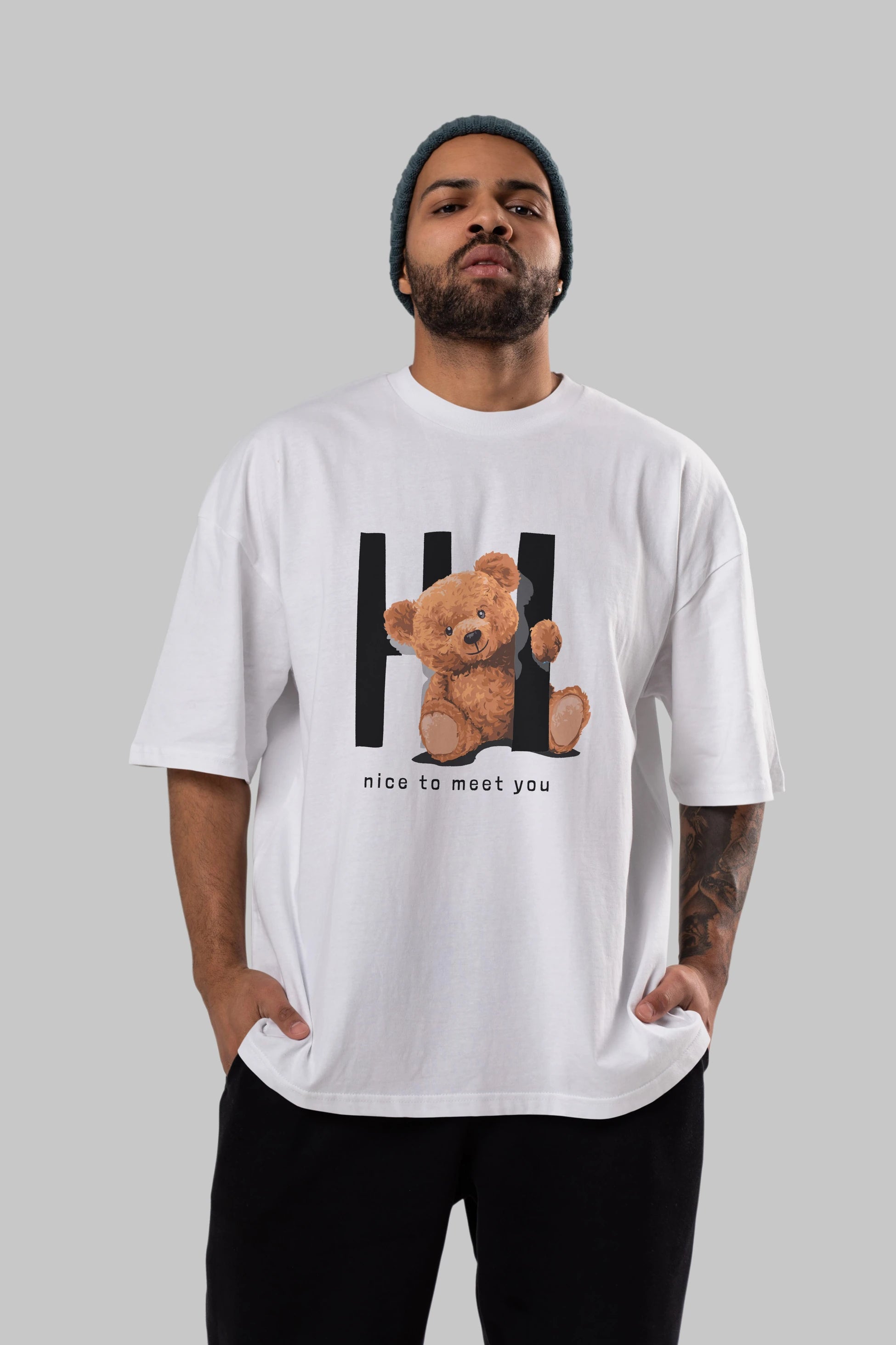 Teddy Bear Hi Nice To Meet You Ön Baskılı Oversize t-shirt Erkek Kadın Unisex %100 Pamuk