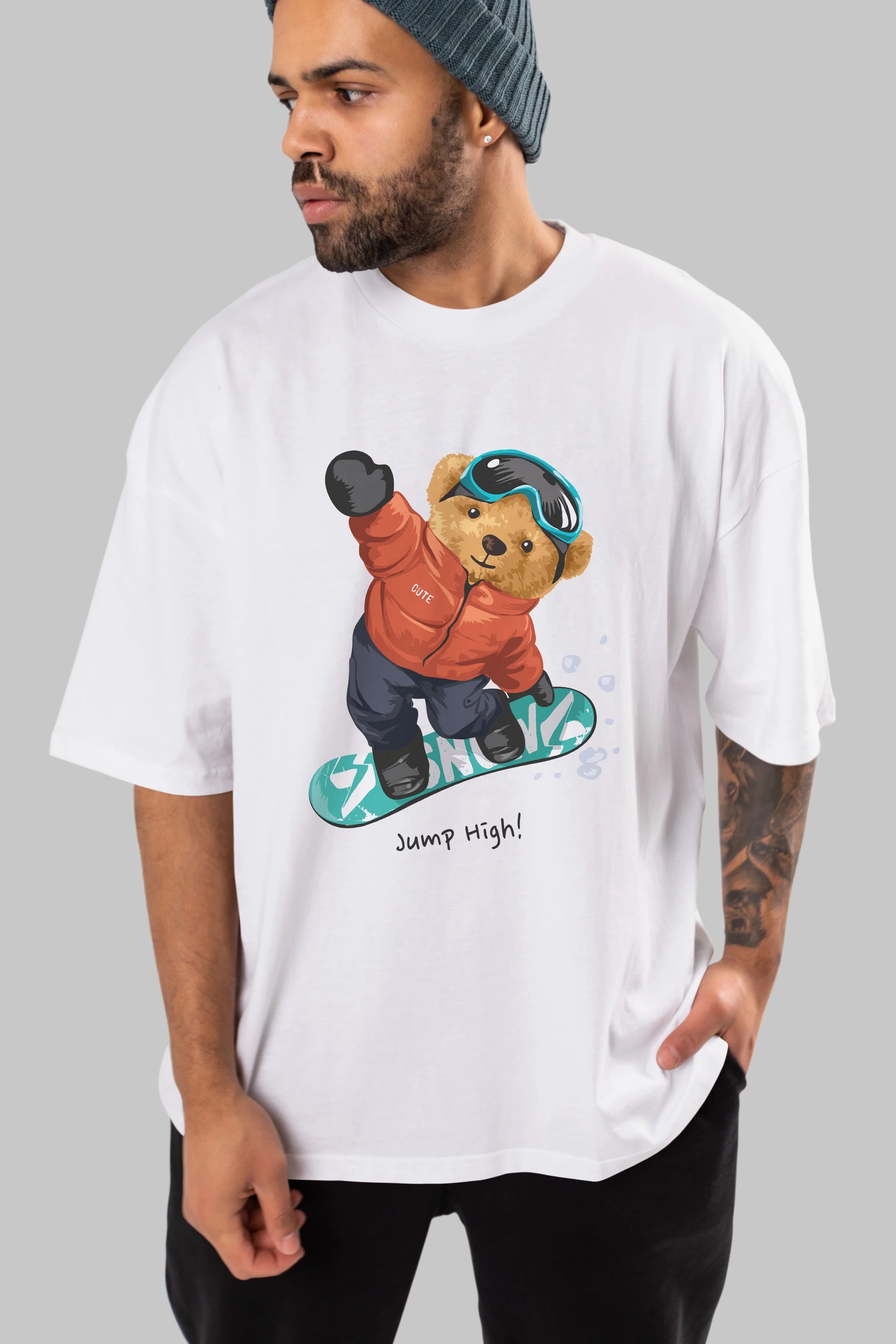 Teddy Bear Jump High Ön Baskılı Oversize t-shirt Erkek Kadın Unisex %100 Pamuk