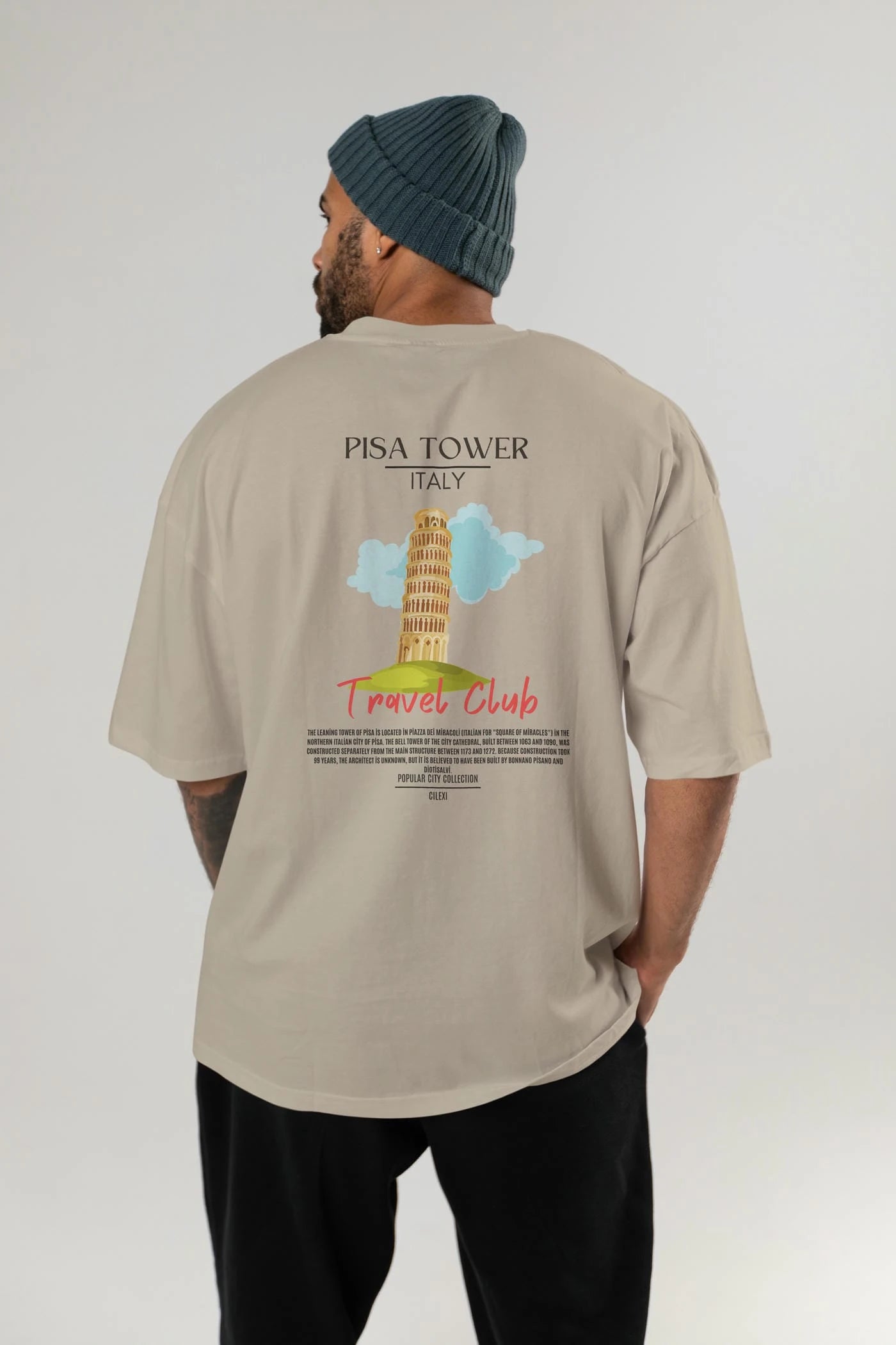 Pisa Tower İtaly Arka Baskılı Oversize t-shirt Erkek Kadın Pamuk Bisiklet Yaka tişort