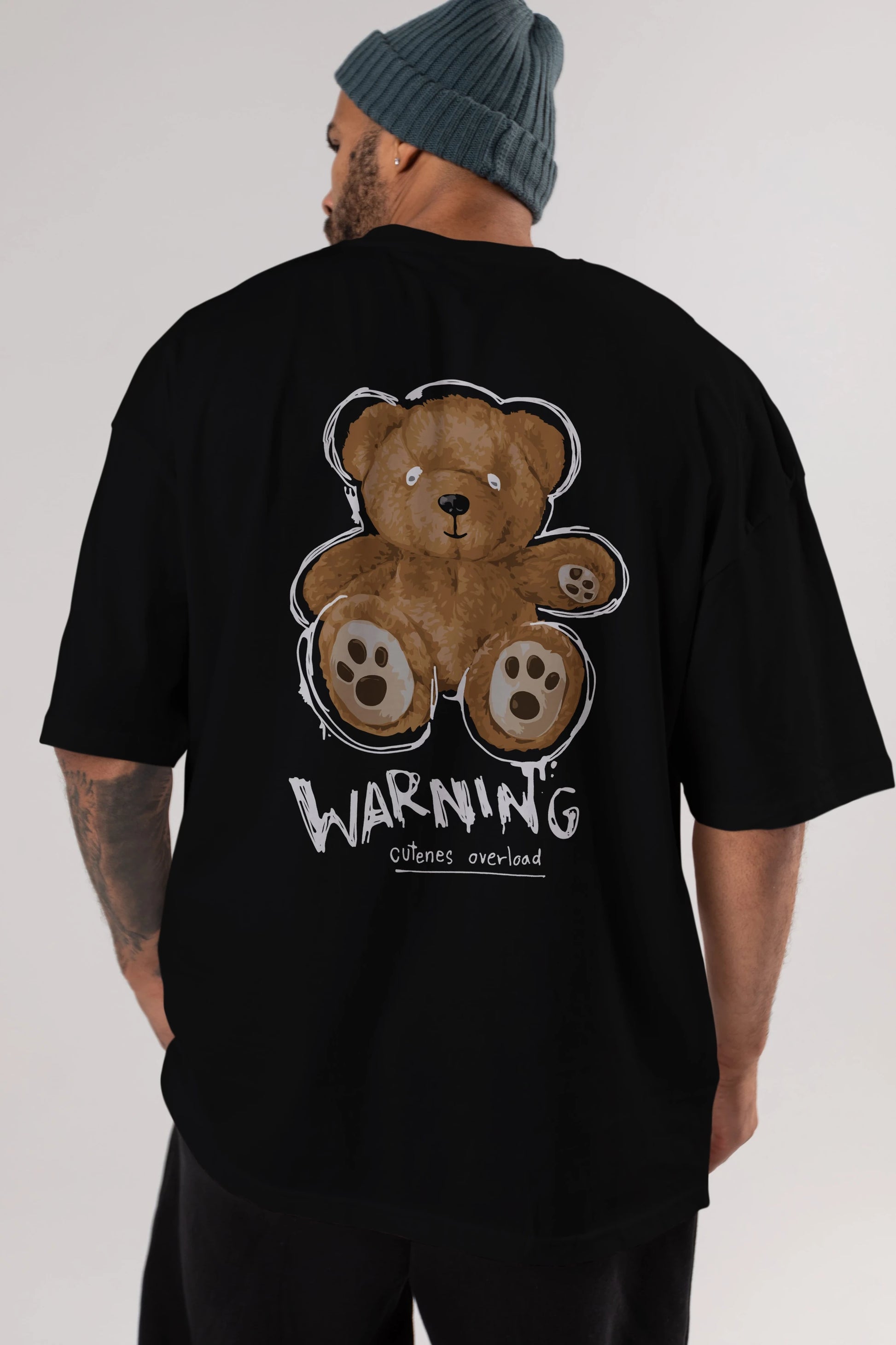 Warning Cuteness Bear Arka Baskılı Oversize t-shirt Erkek Kadın Unisex