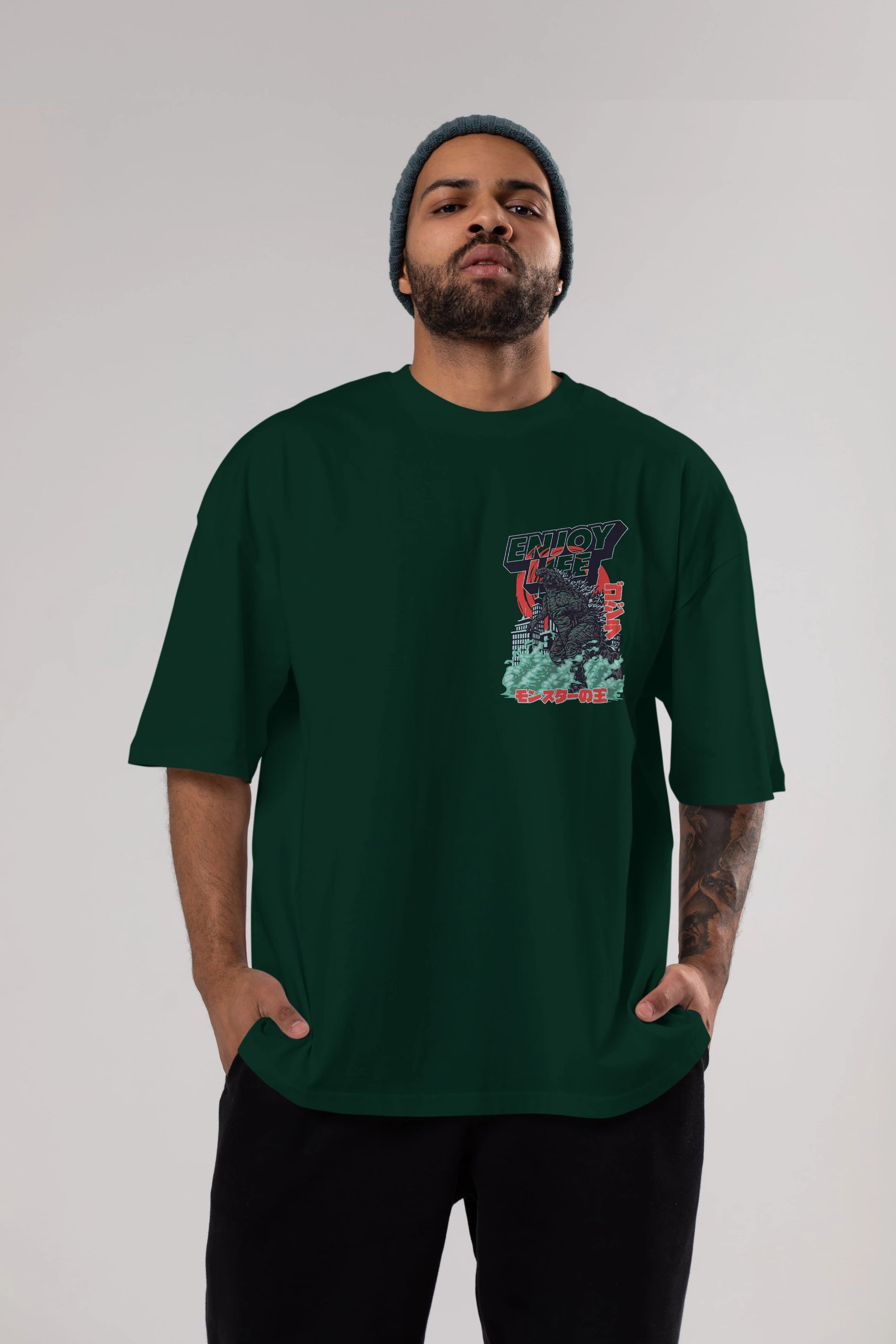 Godzilla Ön Sol Baskılı Oversize t-shirt Erkek Kadın Unisex %100 Pamuk Bisiklet Yaka tişort