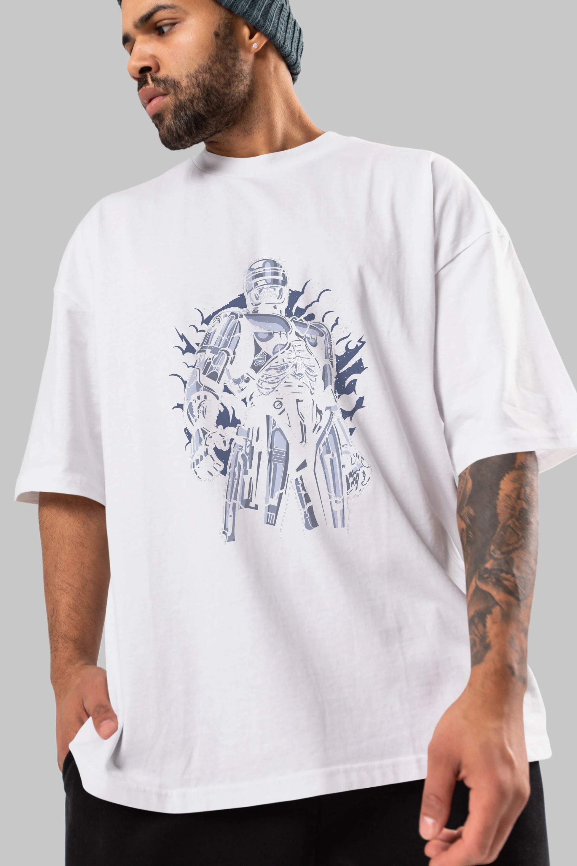 Roboskull Ön Baskılı Oversize t-shirt Erkek Kadın Unisex %100 Pamuk tişort