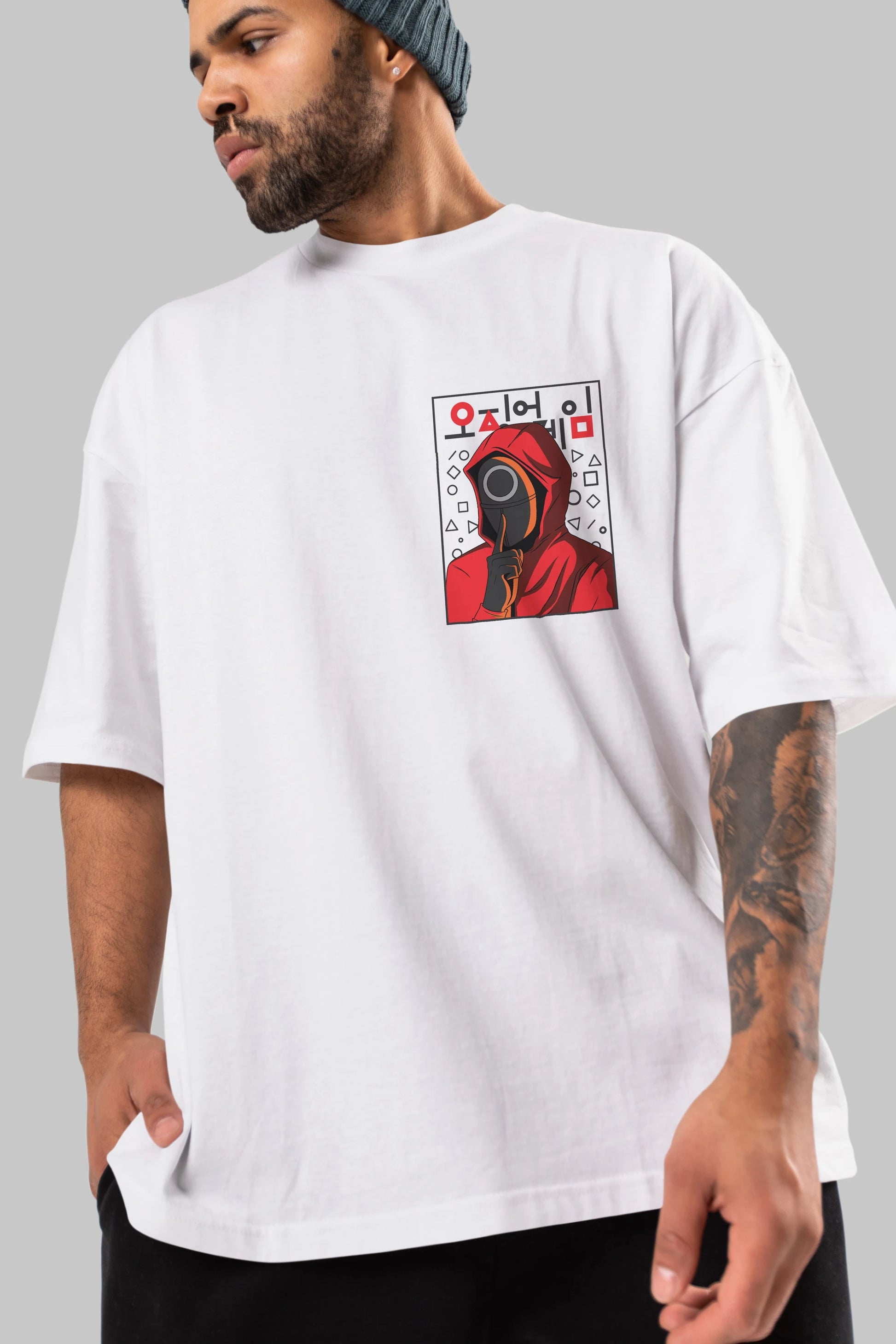 Squid Game (5) Ön Sol Baskılı Oversize t-shirt Erkek Kadın Unisex %100 Pamuk Bisiklet Yaka tişort