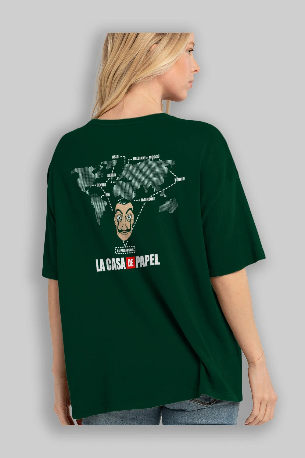 La Casa De Papel Arka Baskılı Oversize t-shirt Erkek Kadın Unisex %100 Pamuk Bisiklet Yaka tişort