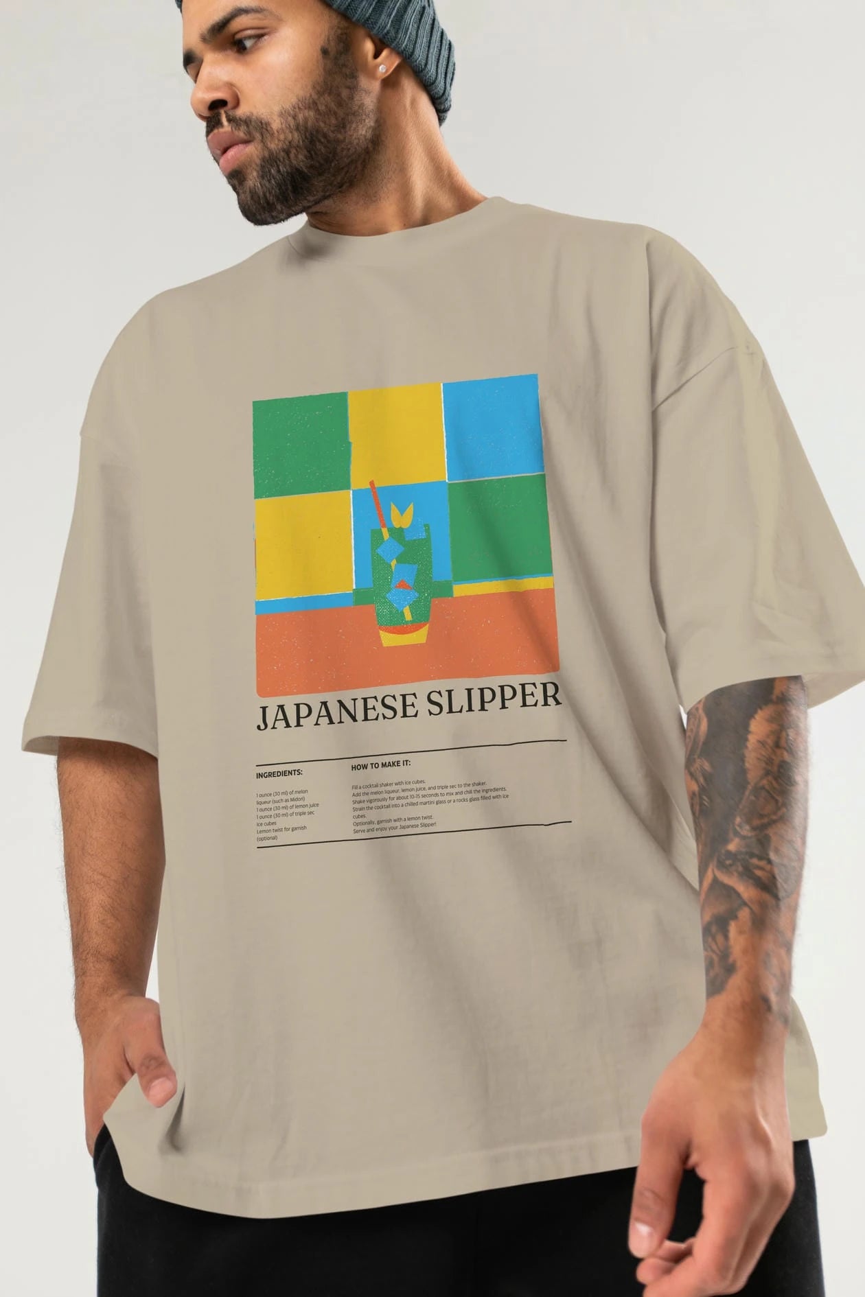 Japanese Slipper Kokteyl Ön Baskılı Oversize t-shirt Erkek Kadın %100 Pamuk Bisiklet Yaka tişort