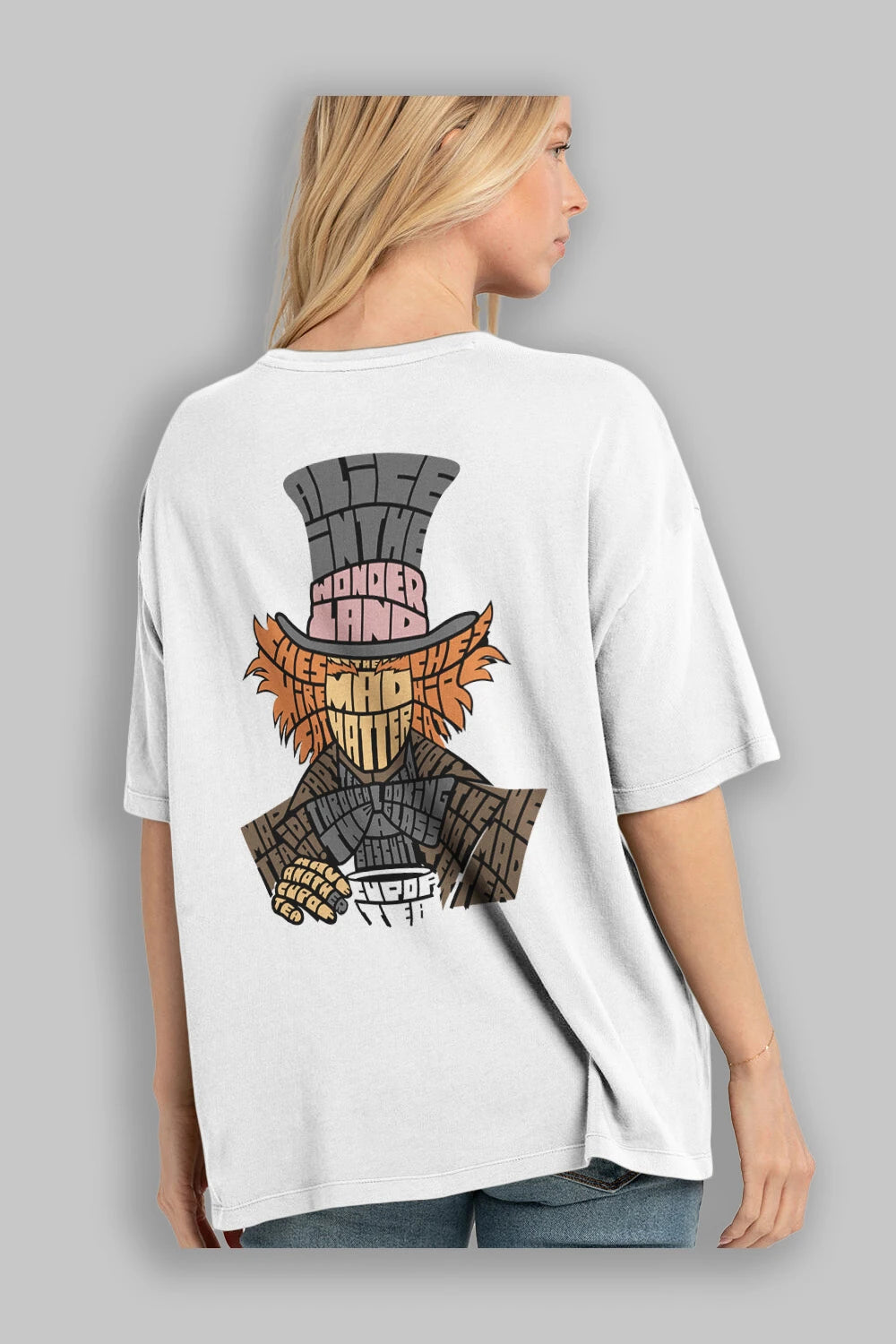Madhatter Arka Baskılı Oversize t-shirt %100 pamuk Erkek Kadın Unisex