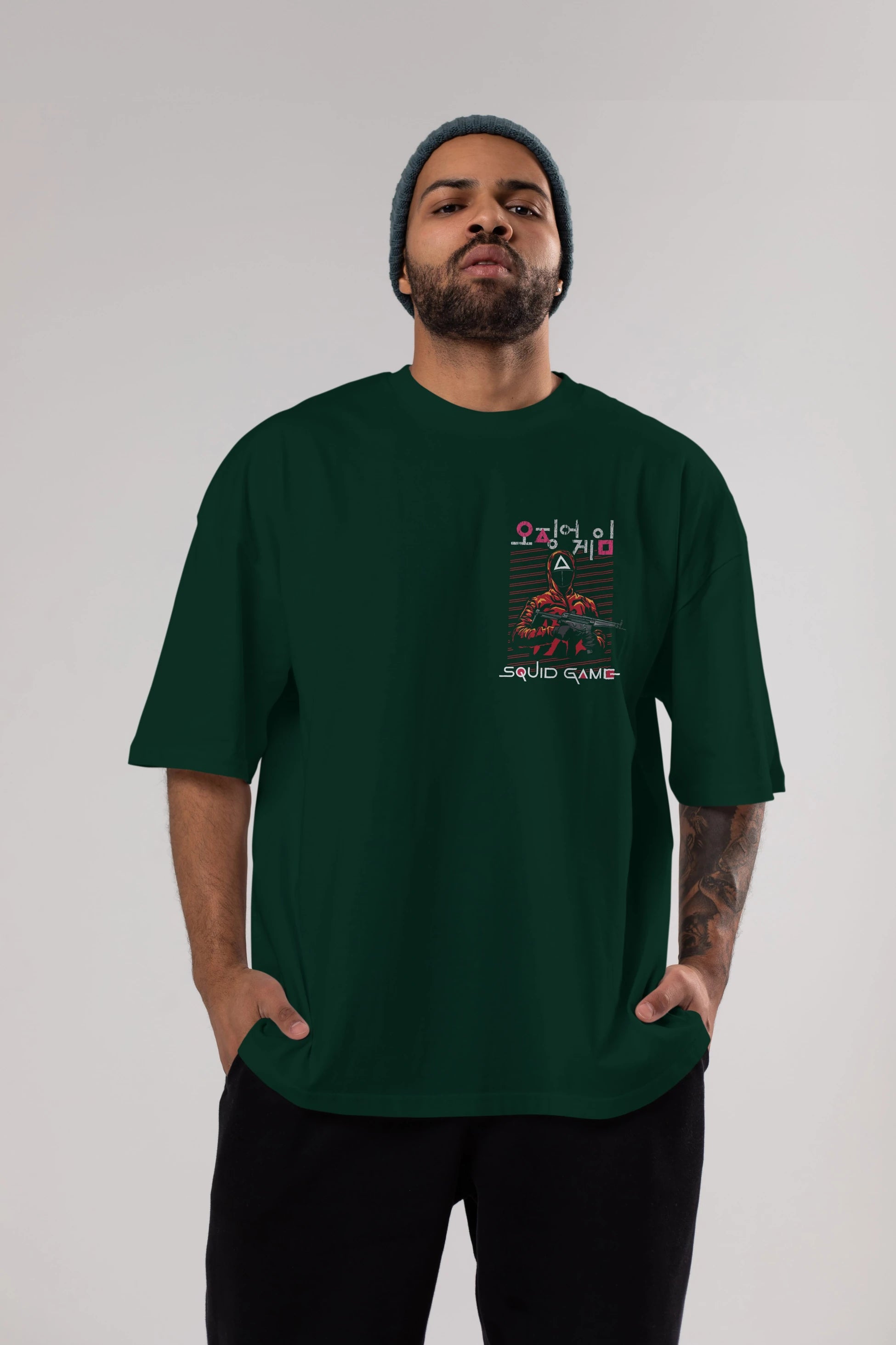 Squid Game (2) Ön Sol Baskılı Oversize t-shirt Erkek Kadın Unisex %100 Pamuk Bisiklet Yaka tişort