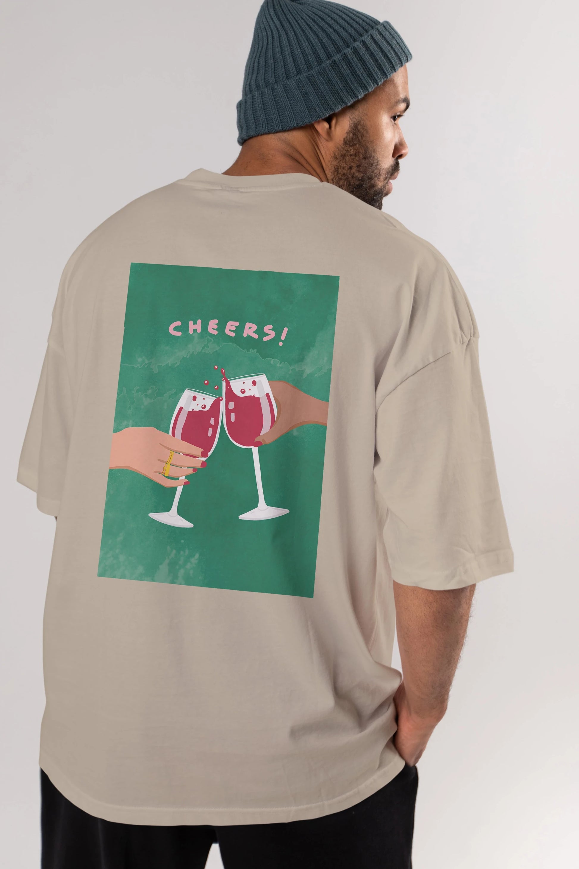 Cheers Arka Baskılı Oversize t-shirt Erkek Kadın Unisex %100 Pamuk Bisiklet Yaka tişort