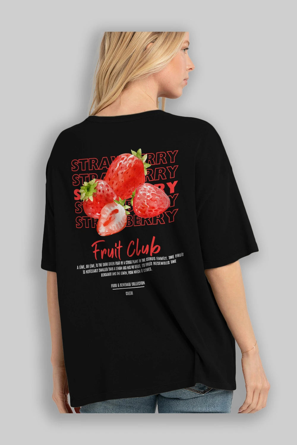 Strawberry Arka Baskılı Oversize t-shirt Erkek Kadın Pamuk Bisiklet Yaka tişort