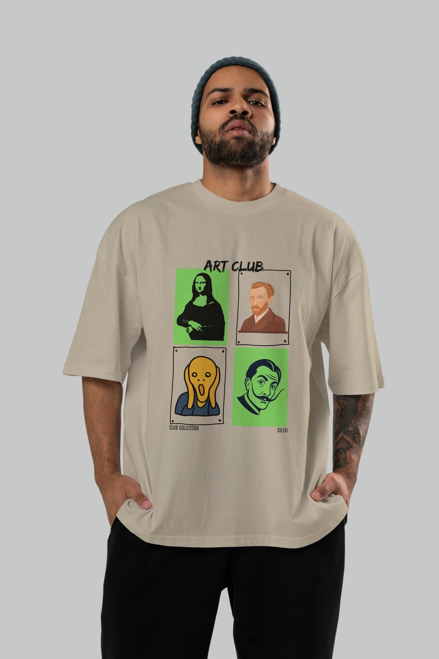 Art Club ön Baskılı Oversize t-shirt Erkek Kadın %100 Pamuk Bisiklet Yaka tişort