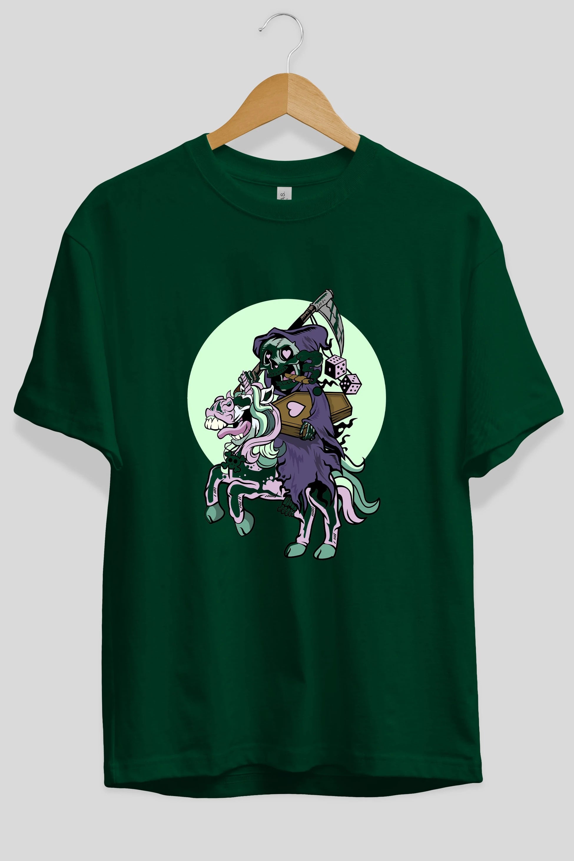 Grim Reaper Riding Unicorn Ön Baskılı Oversize t-shirt Erkek Kadın Unisex %100 Pamuk tişort