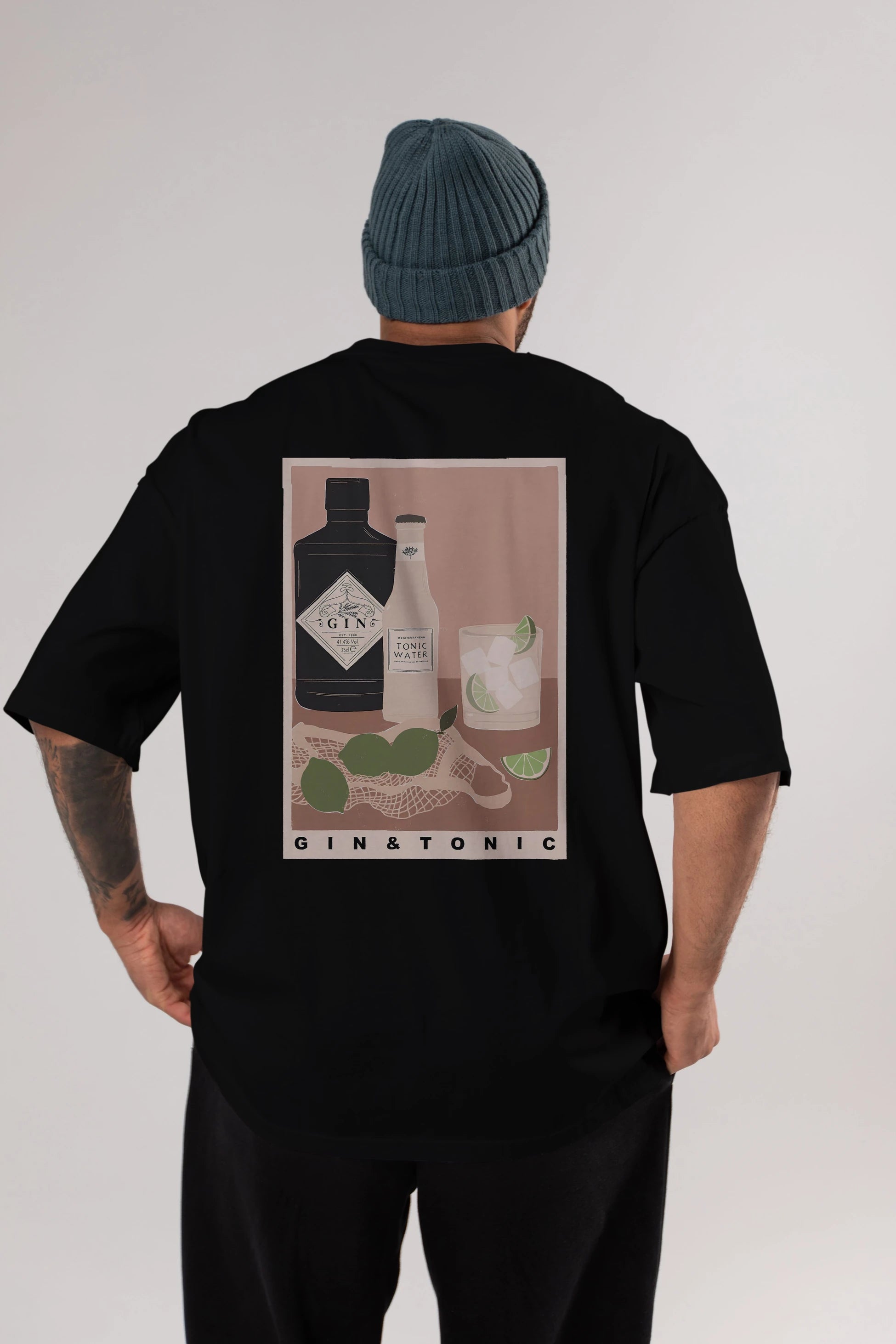 Gin Tonic Arka Baskılı Oversize t-shirt Erkek Kadın Unisex %100 Pamuk Bisiklet Yaka tişort