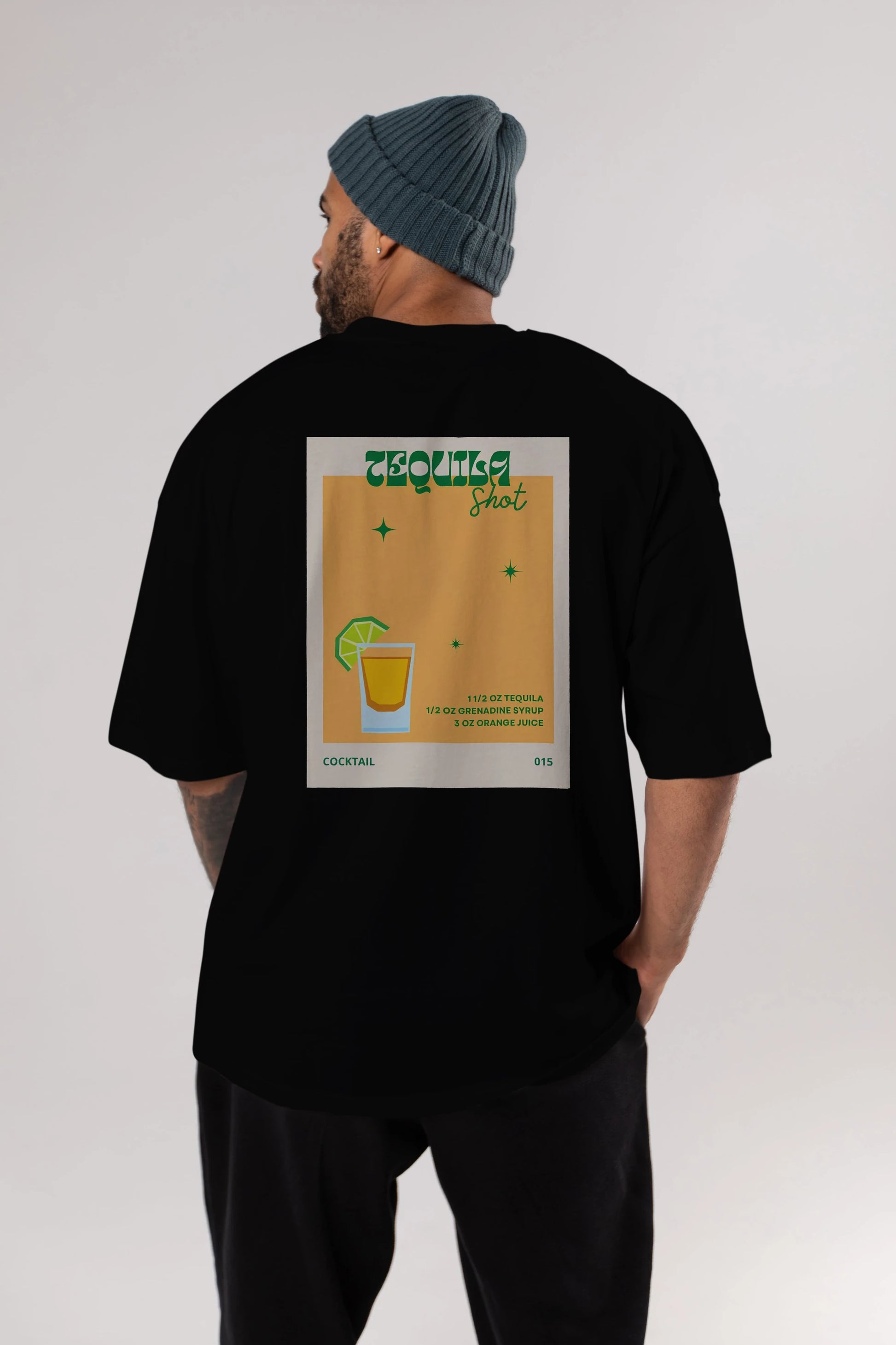 Tequila Shot 2 Arka Baskılı Oversize t-shirt Erkek Kadın Unisex %100 Pamuk Bisiklet Yaka tişort