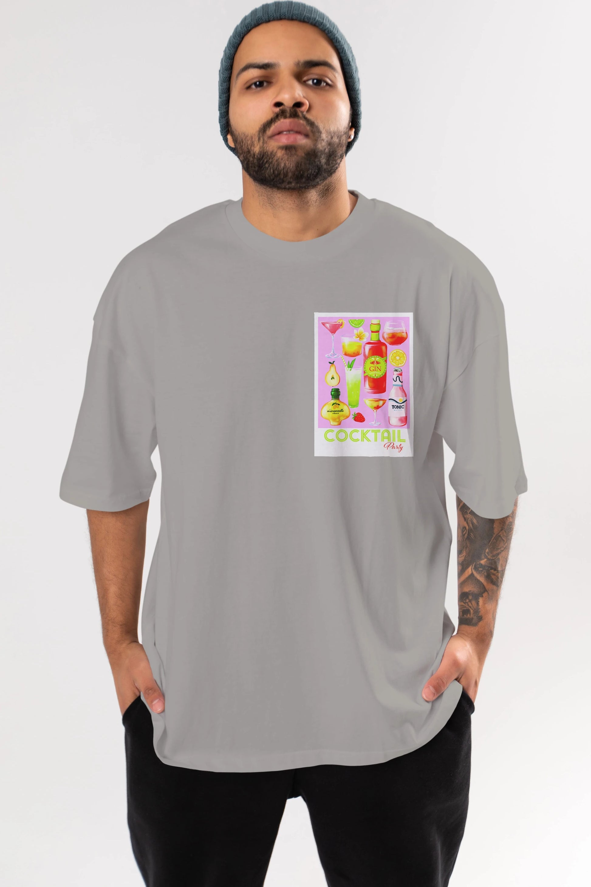 Cocktail Party Ön Sol Baskılı Oversize t-shirt Erkek Kadın Unisex %100 Pamuk Bisiklet Yaka tişort