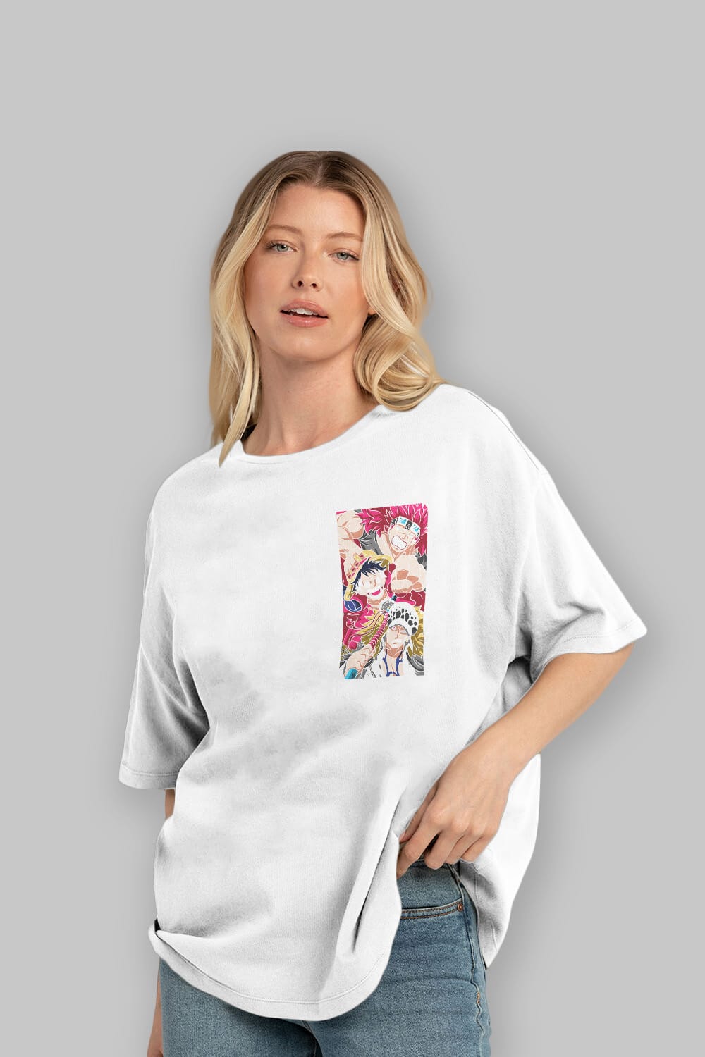 SUPER NOVAS one piece Ön Sol Baskılı Oversize t-shirt Erkek Kadın Unisex %100 Pamuk Bisiklet Yaka tişort