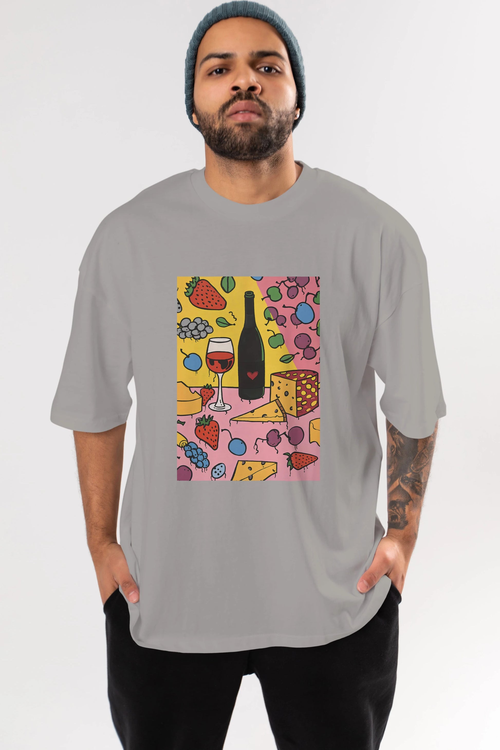 Wine Cheese Fruits Ön Baskılı Oversize t-shirt Erkek Kadın Unisex %100 Pamuk Bisiklet Yaka tişort