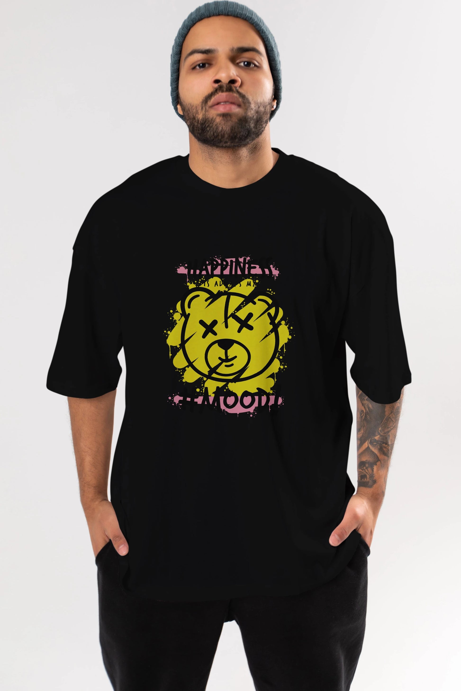 Happiness Mood Bear Ön Baskılı Oversize t-shirt Erkek Kadın Unisex