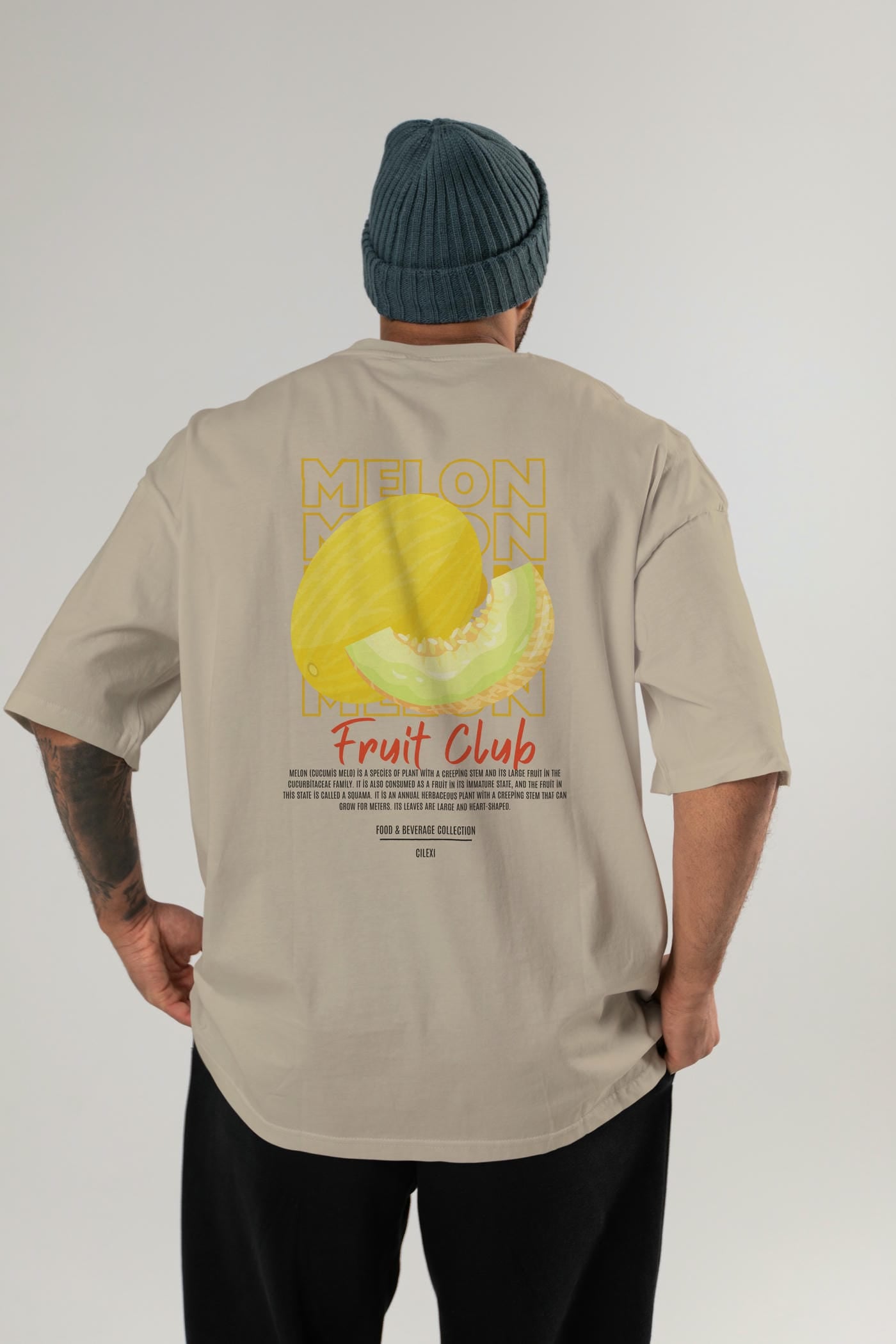 Melon Arka Baskılı Oversize t-shirt Erkek Kadın Pamuk Bisiklet Yaka tişort