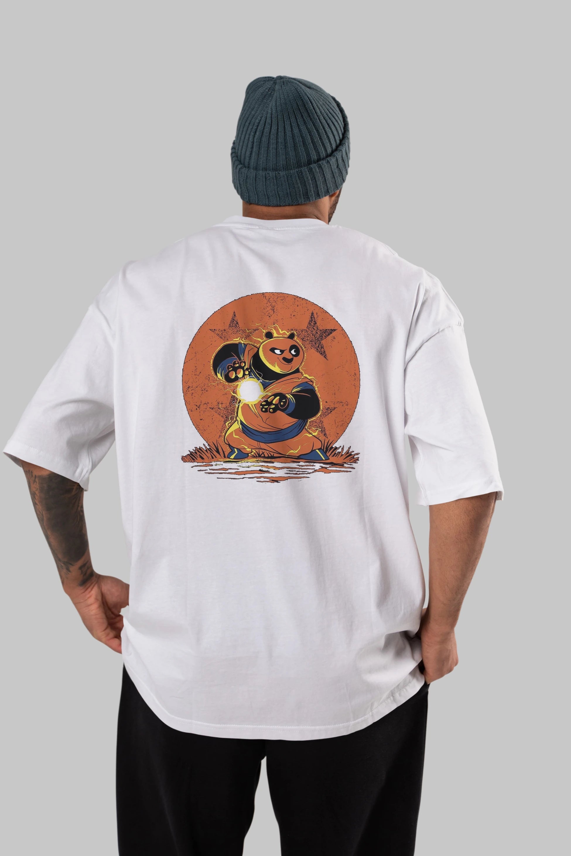 Kung Fu Panda Arka Baskılı Oversize t-shirt Erkek Kadın Unisex %100 Pamuk Bisiklet Yaka tişort