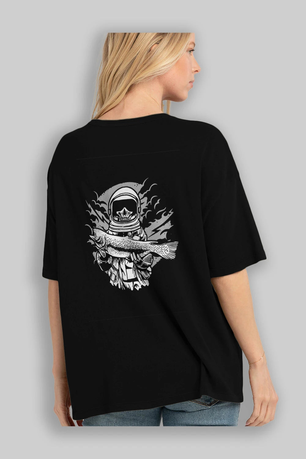 Astronaut Fishing Arka Baskılı Oversize t-shirt Erkek Kadın Unisex %100 Pamuk