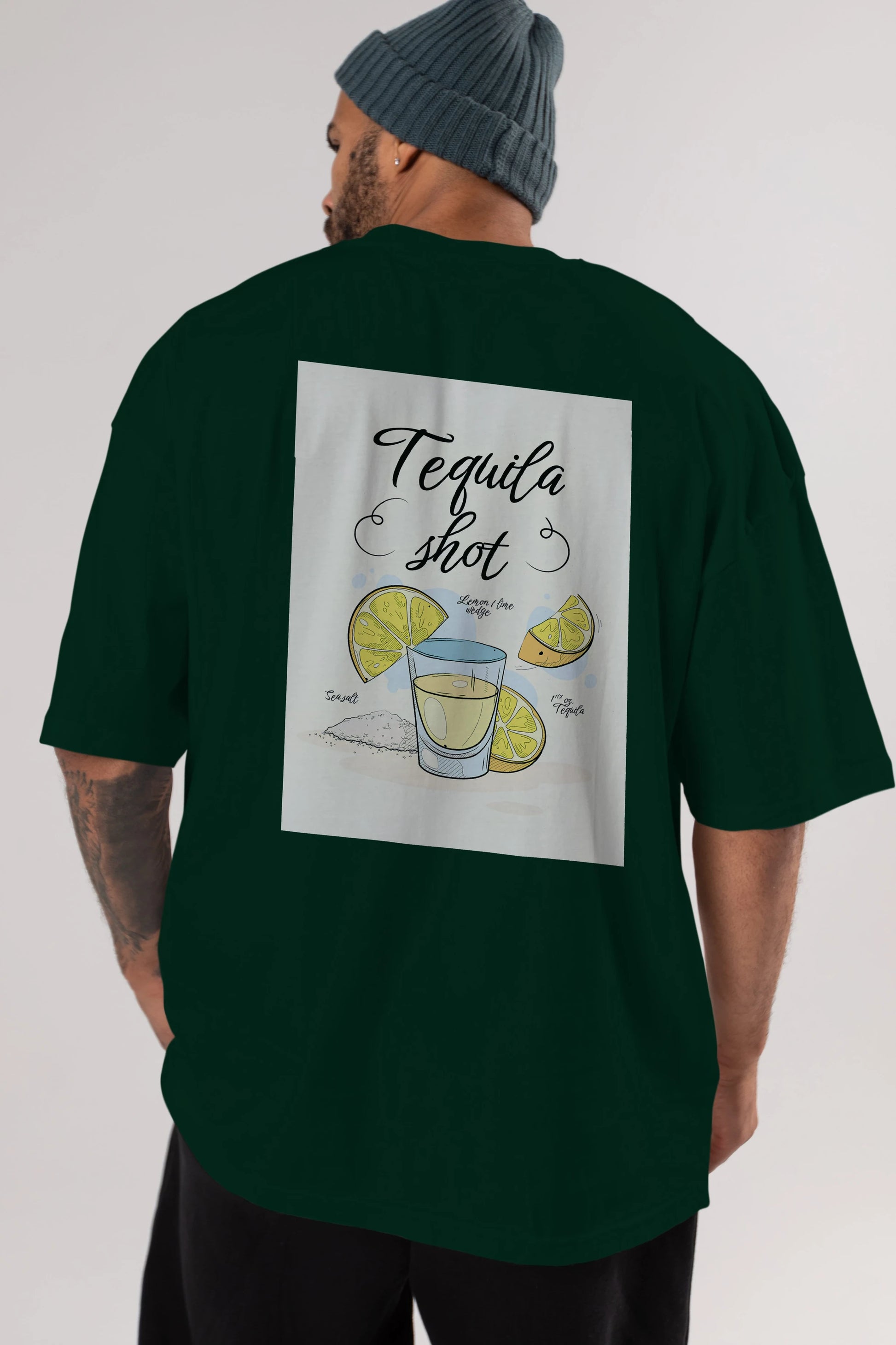 Tequila Shot Arka Baskılı Oversize t-shirt Erkek Kadın Unisex %100 Pamuk Bisiklet Yaka tişort