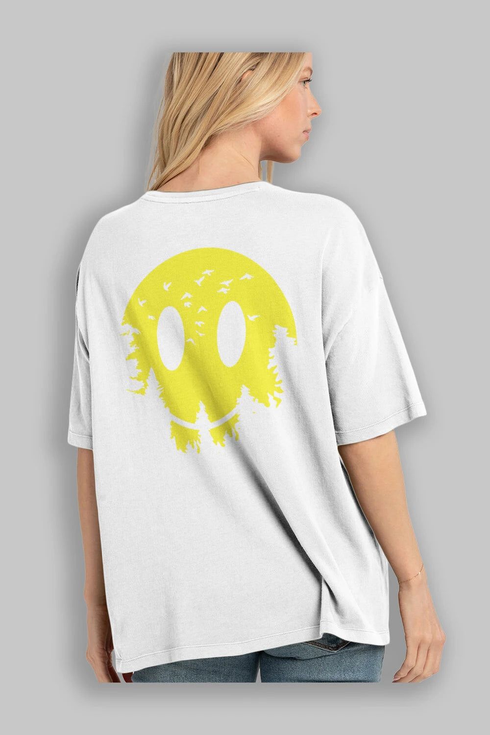 Smiley Moon Arka Baskılı Oversize t-shirt %100 pamuk Erkek Kadın Unisex