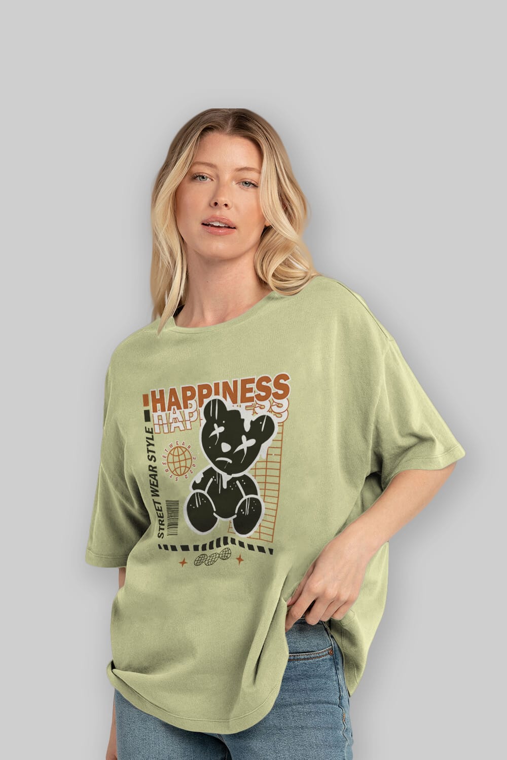 Happiness Bear 2 Ön Baskılı Oversize t-shirt Erkek Kadın Unisex