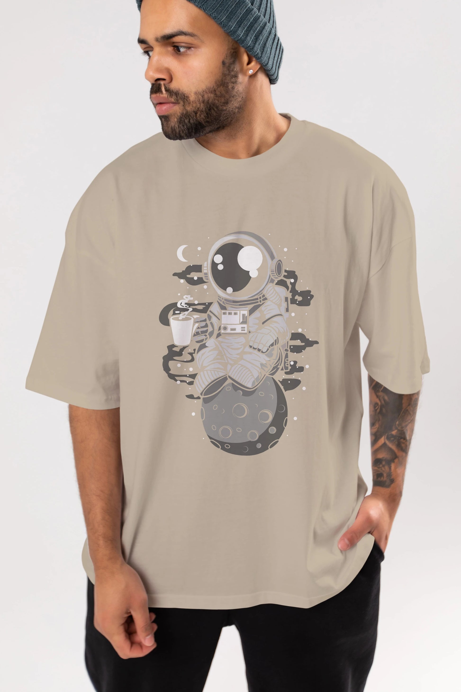 Astronaut Coffee Ön Baskılı Oversize t-shirt Erkek Kadın Unisex