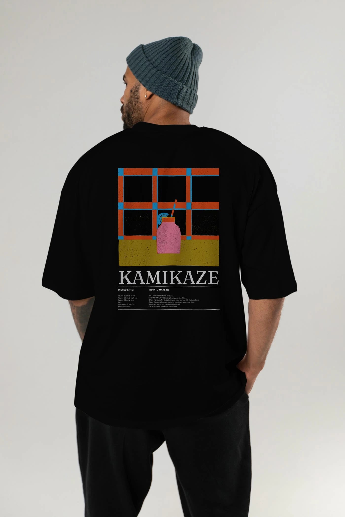 Kamikaze Kokteyl Serisi Arka Baskılı Oversize t-shirt Erkek Kadın %100 Pamuk Bisiklet Yaka tişort