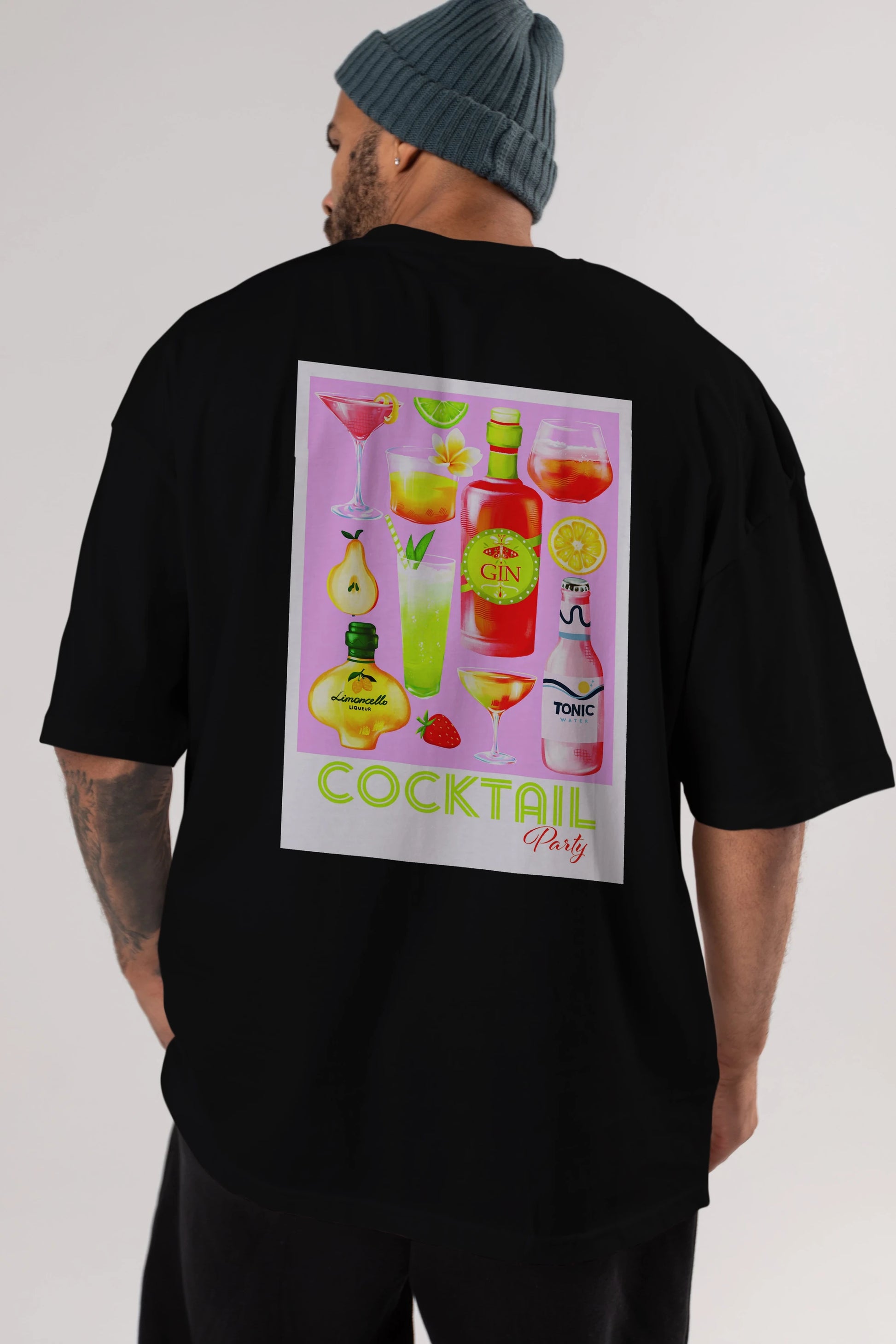 Cocktail Party Arka Baskılı Oversize t-shirt Erkek Kadın Unisex %100 Pamuk Bisiklet Yaka tişort