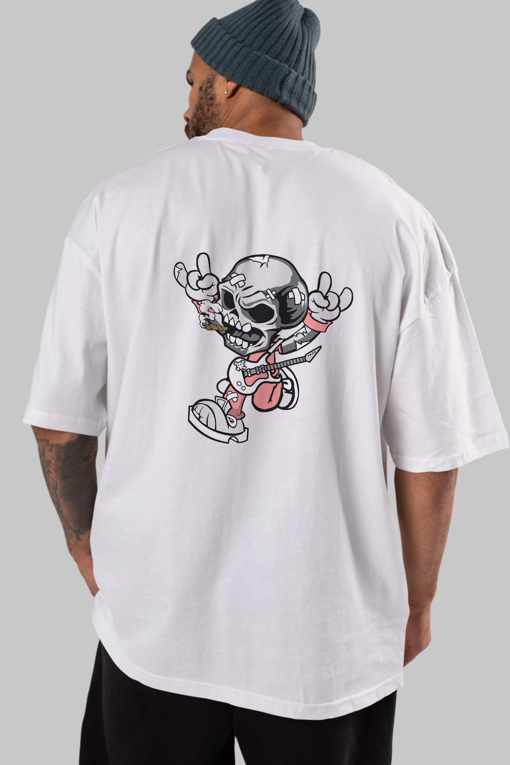 Skull Metal Sign Arka Baskılı Oversize t-shirt Erkek Kadın Unisex %100 Pamuk tişort