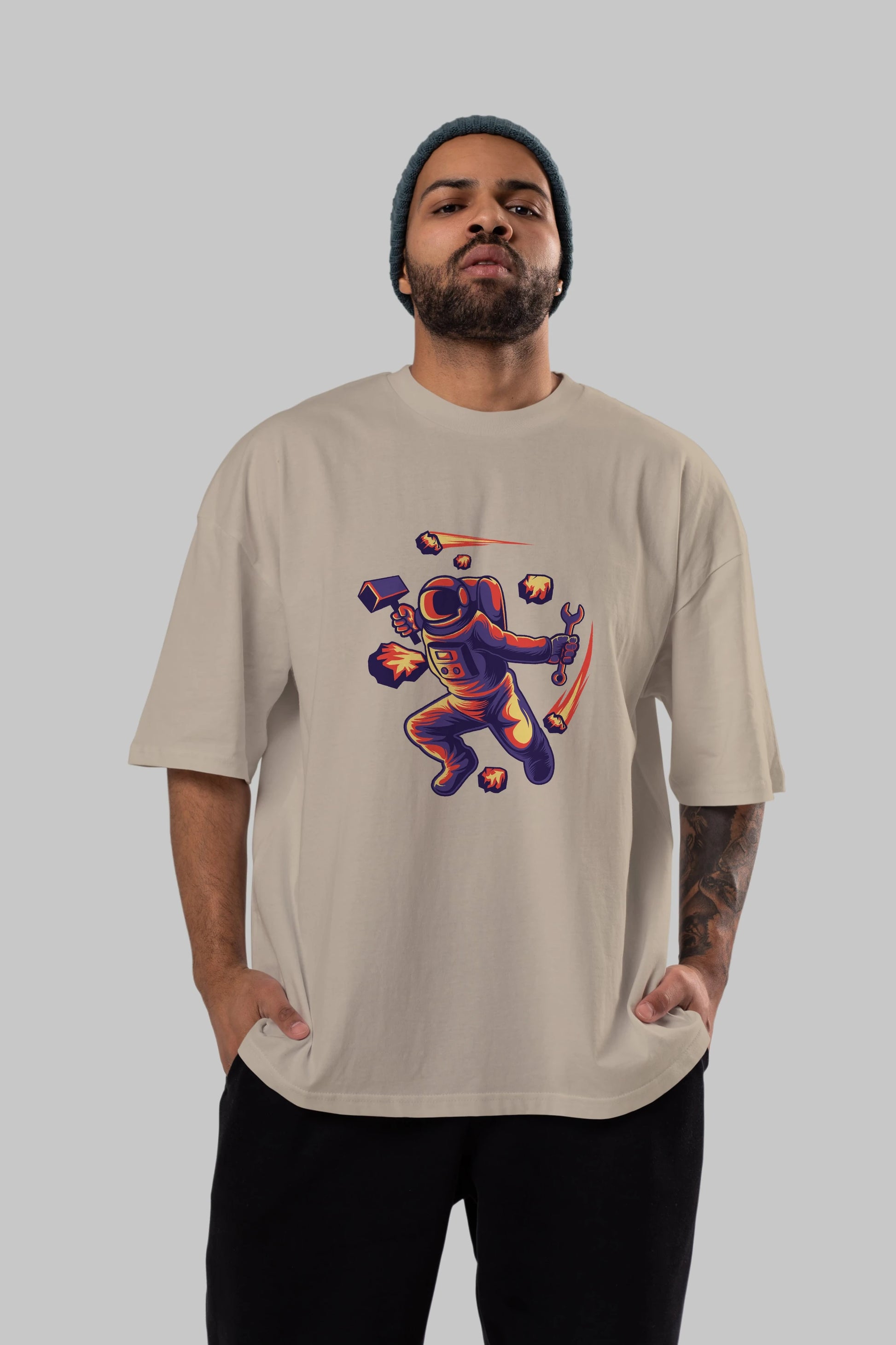 Astronaut Block Meteor Ön Baskılı Oversize t-shirt Erkek Kadın Unisex