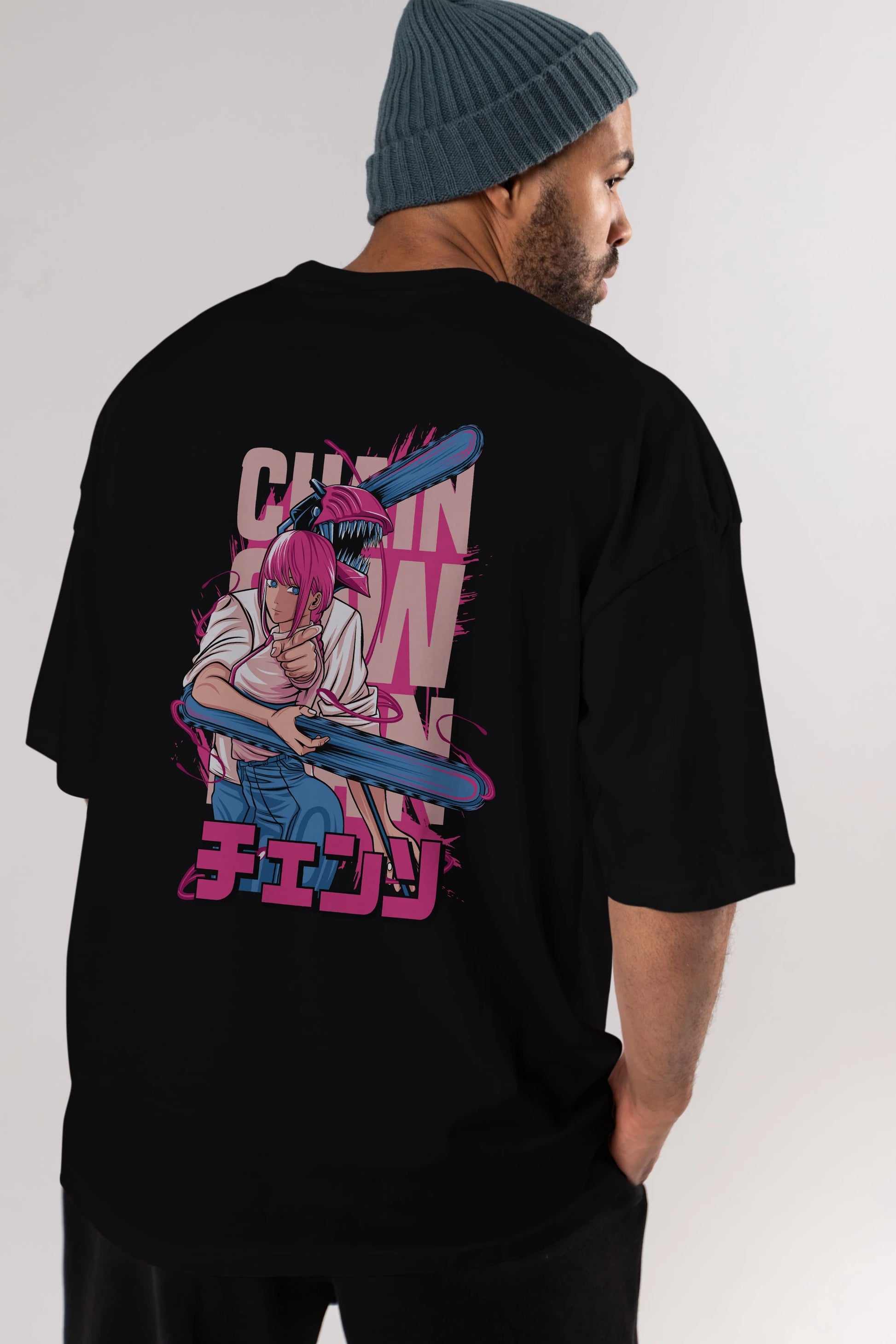DENJI and MAKIMA Anime Arka Baskılı Oversize t-shirt Erkek Kadın Unisex