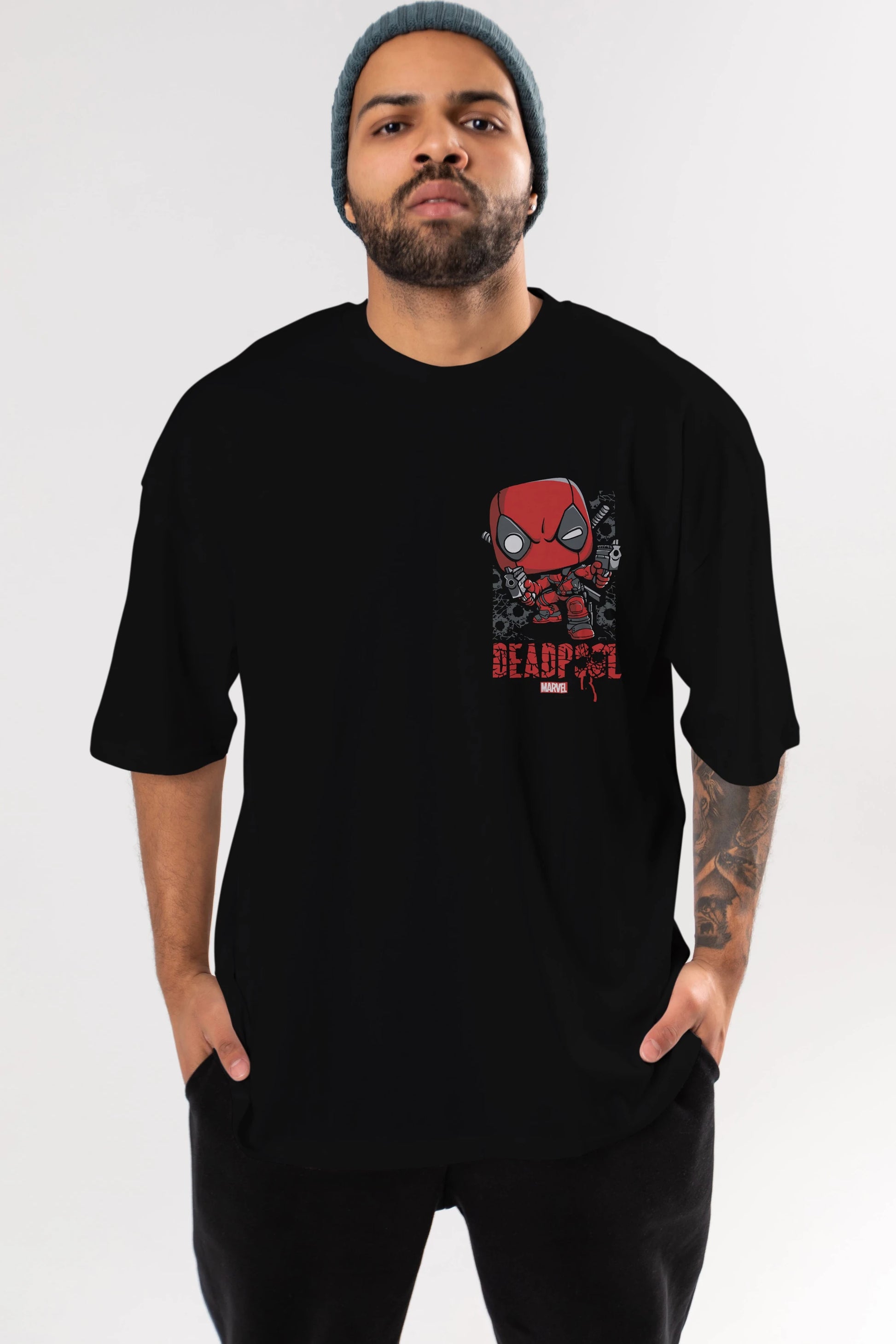 Deadpool (8) Ön Sol Baskılı Oversize t-shirt Erkek Kadın Unisex %100 Pamuk Bisiklet Yaka tişort