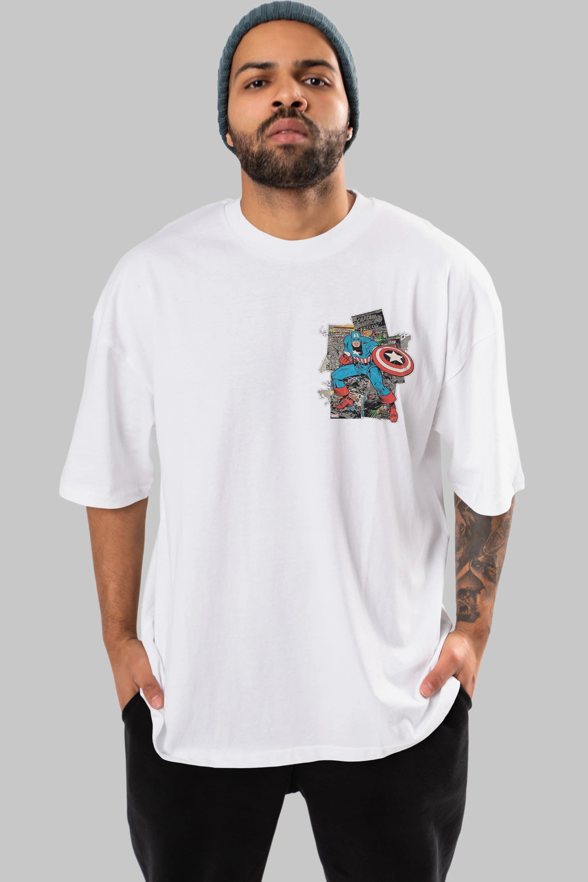Captain America (2) Ön Sol Baskılı Oversize t-shirt Erkek Kadın Unisex %100 Pamuk Bisiklet Yaka tişort
