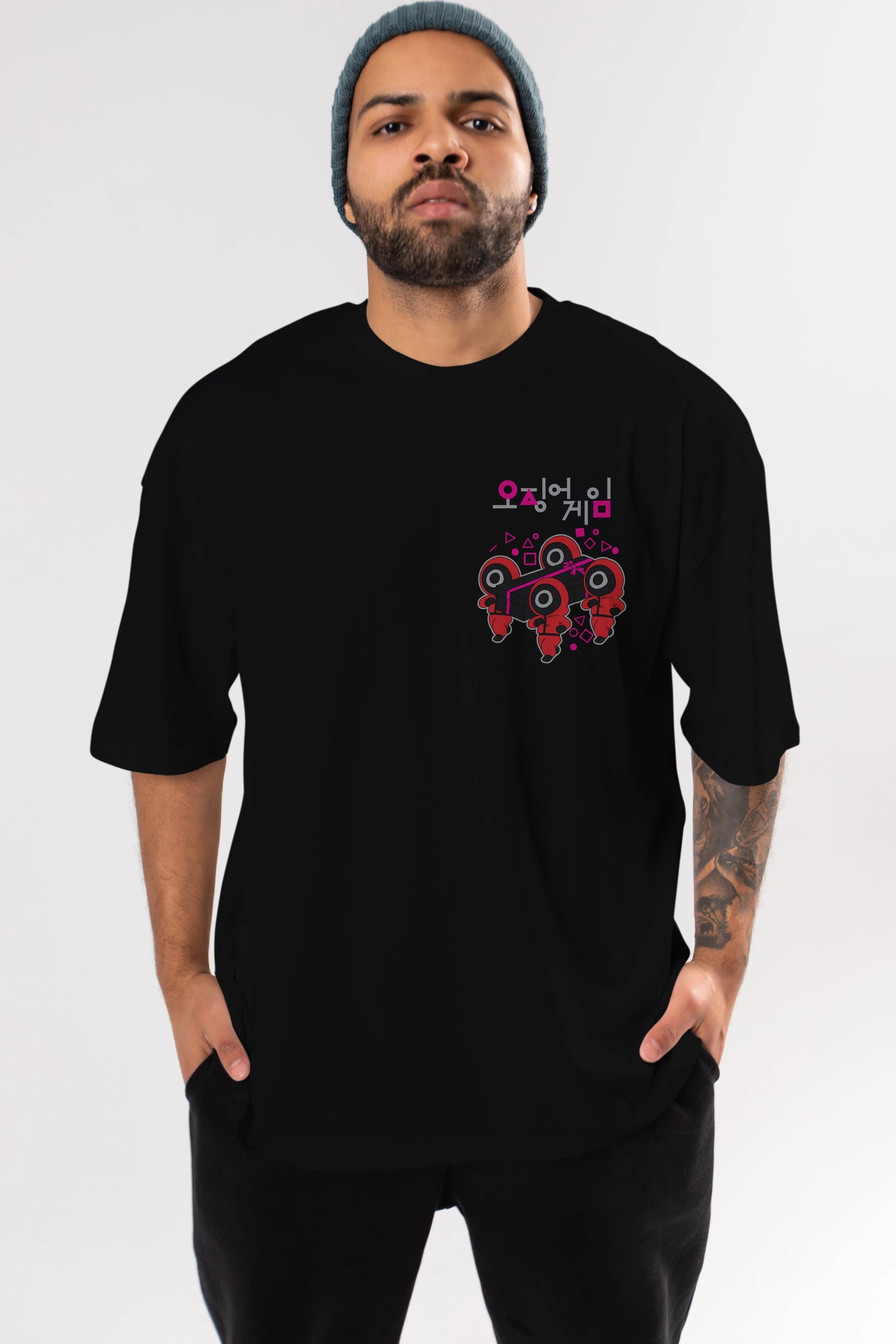 Squid Game (6) Ön Sol Baskılı Oversize t-shirt Erkek Kadın Unisex %100 Pamuk Bisiklet Yaka tişort