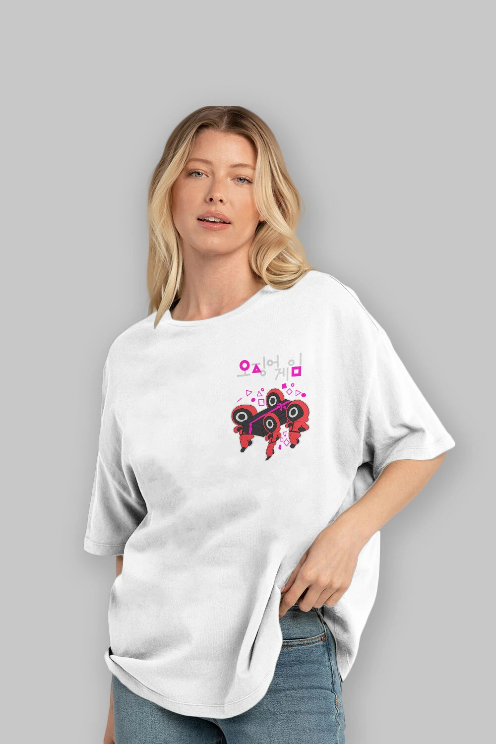 Squid Game (6) Ön Sol Baskılı Oversize t-shirt Erkek Kadın Unisex %100 Pamuk Bisiklet Yaka tişort