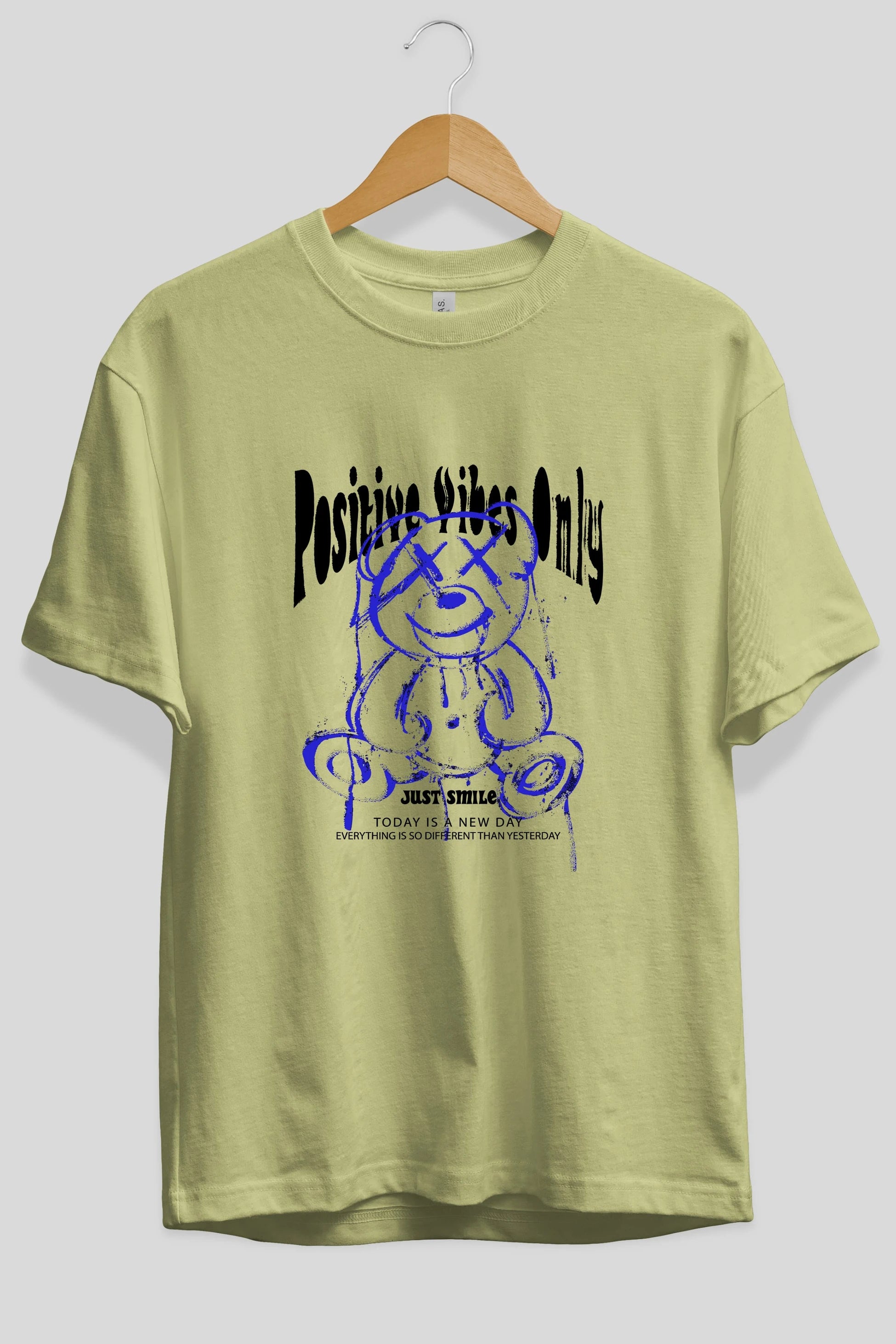 Positive Vibes Only Bear Ön Baskılı Oversize t-shirt Erkek Kadın Unisex