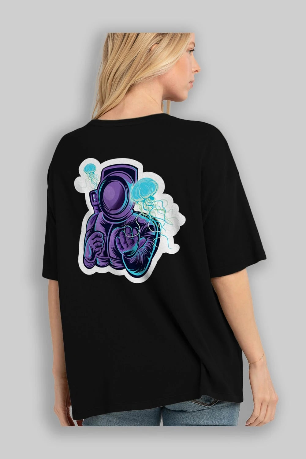 Astronaut and Jellyfish Sticker Arka Baskılı Oversize t-shirt Erkek Kadın Unisex