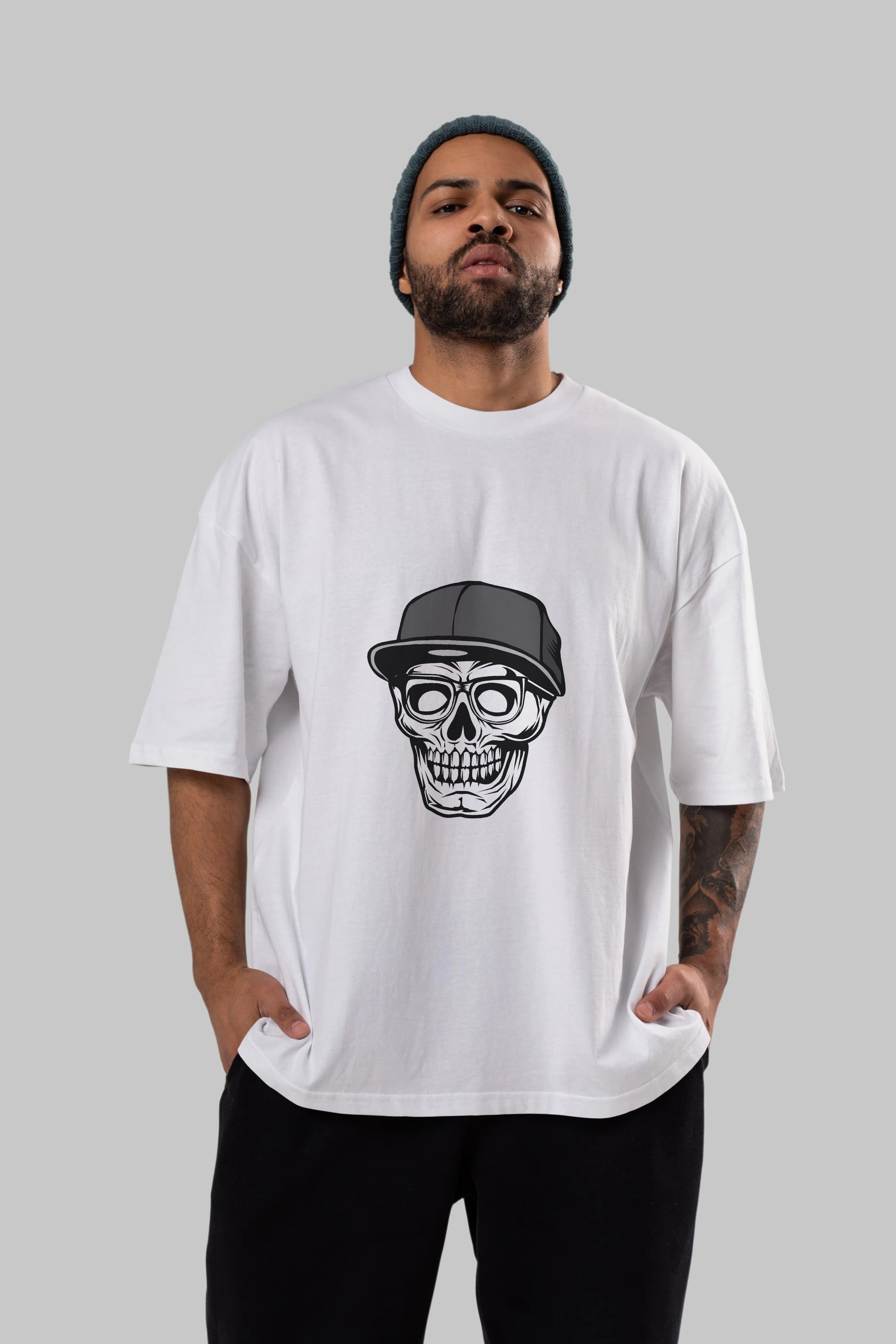 Skull With Hat Ön Baskılı Oversize t-shirt Erkek Kadın Unisex %100 Pamuk tişort