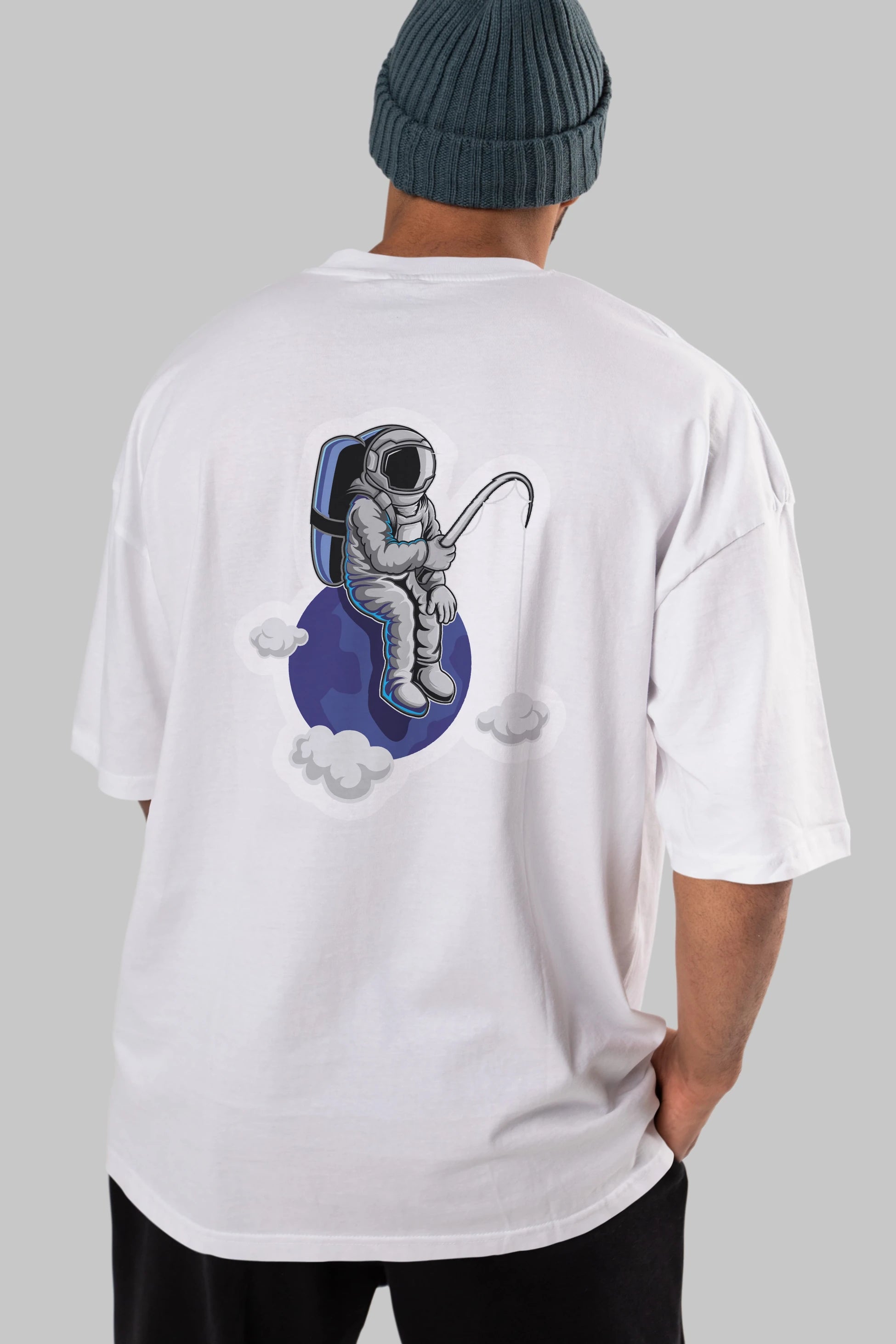 Astronaut Fishing Sticker Arka Baskılı Oversize t-shirt Erkek Kadın Unisex