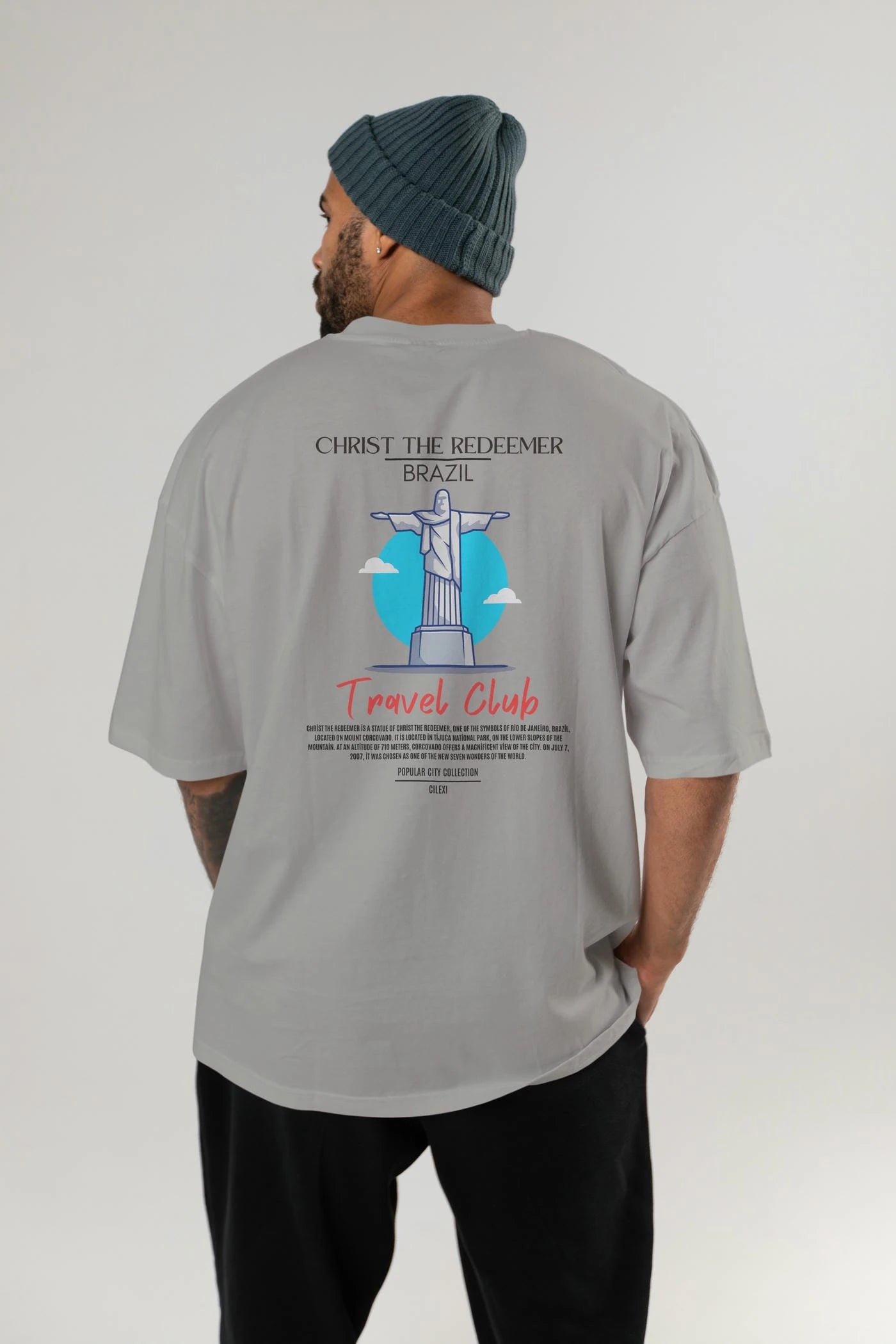 Christ The Redeemer Brazil Arka Baskılı Oversize t-shirt Erkek Kadın Pamuk Bisiklet Yaka tişort