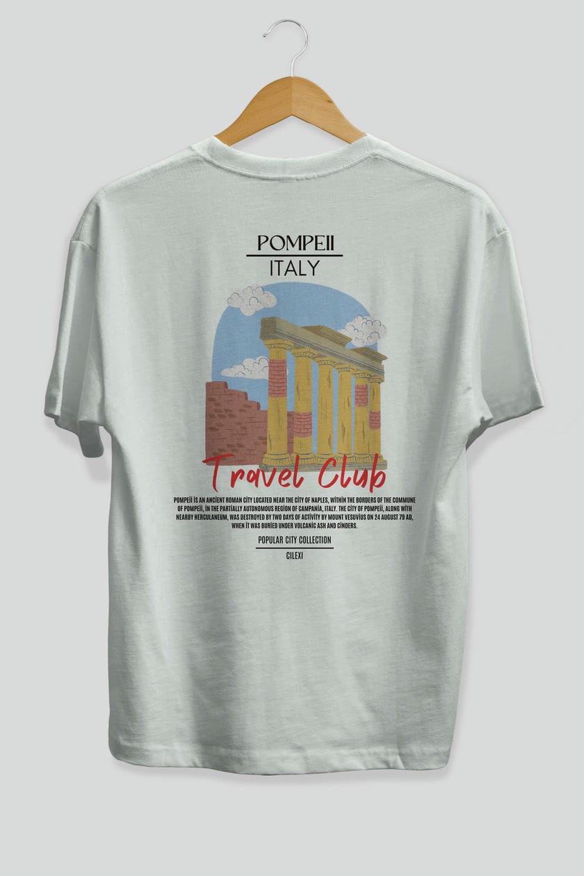 Pompeii İtaly Arka Baskılı Oversize t-shirt Erkek Kadın Pamuk Bisiklet Yaka tişort