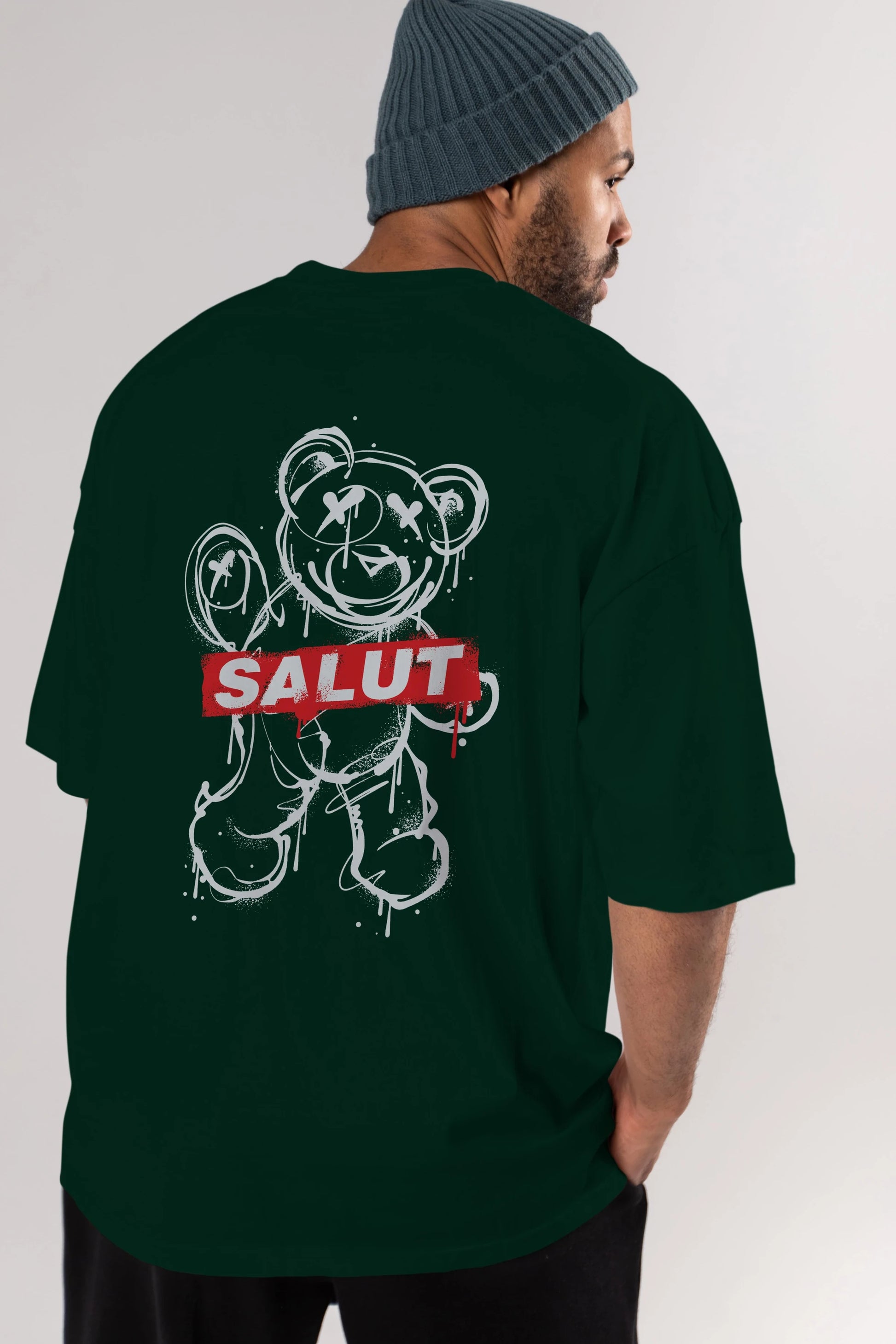 Teddy Bear Salut Arka Baskılı Oversize t-shirt Erkek Kadın Unisex