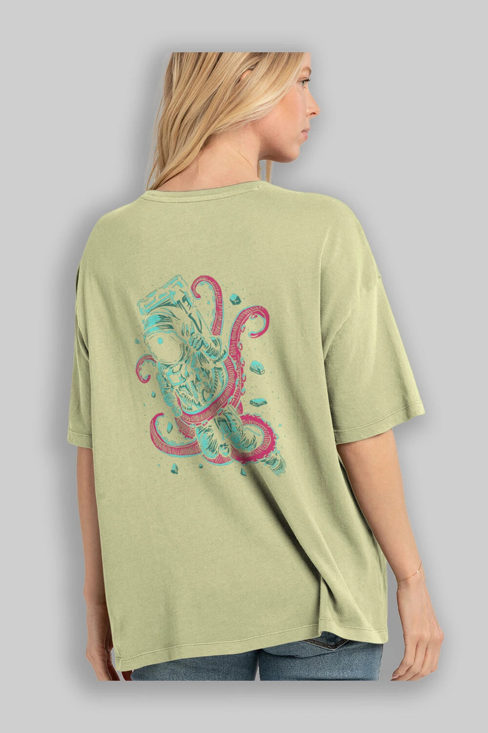 Astronaut Octopus Arka Baskılı Oversize t-shirt Erkek Kadın Unisex %100 Pamuk