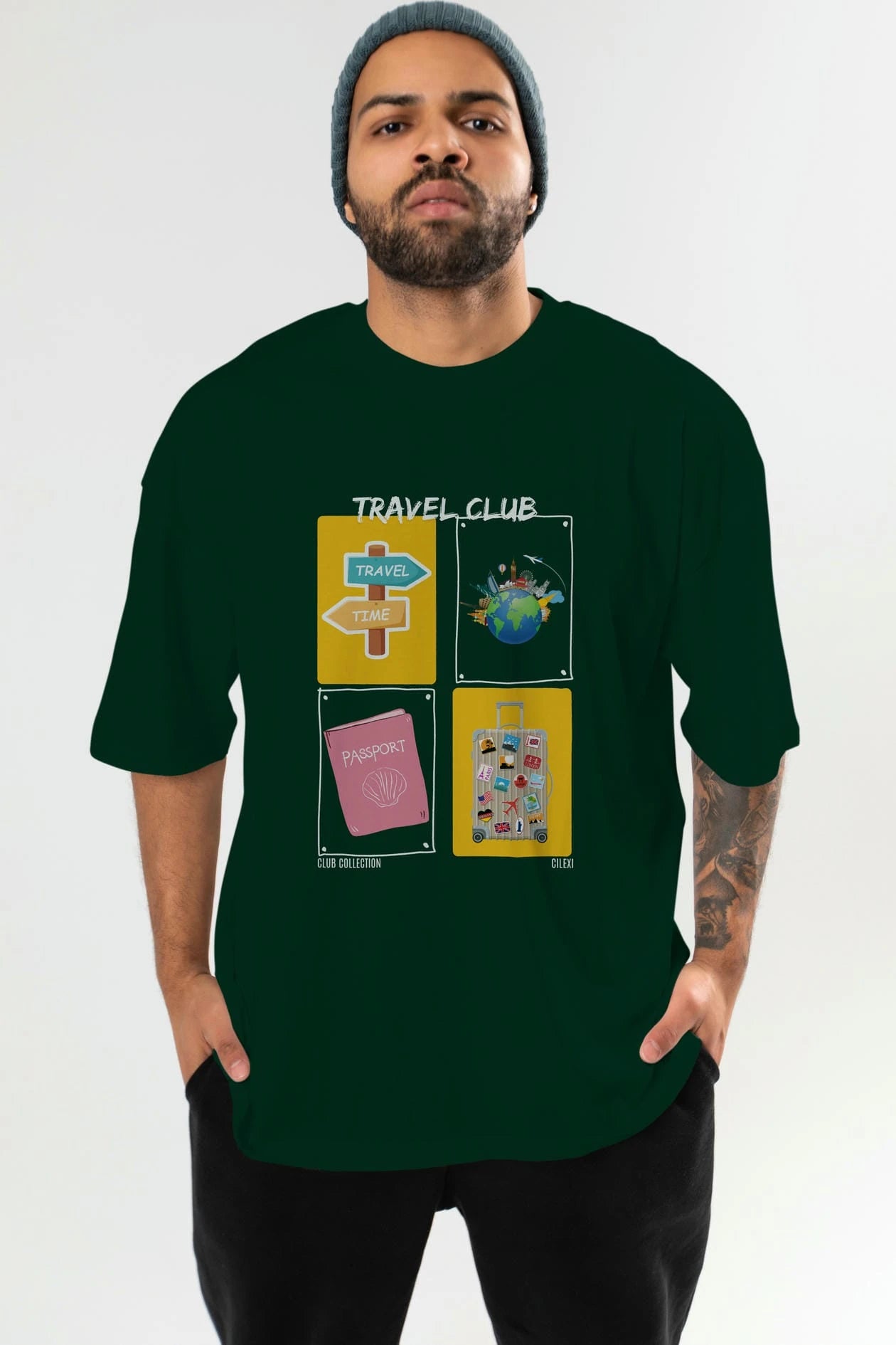 Travel Club ön Baskılı Oversize t-shirt Erkek Kadın %100 Pamuk Bisiklet Yaka tişort