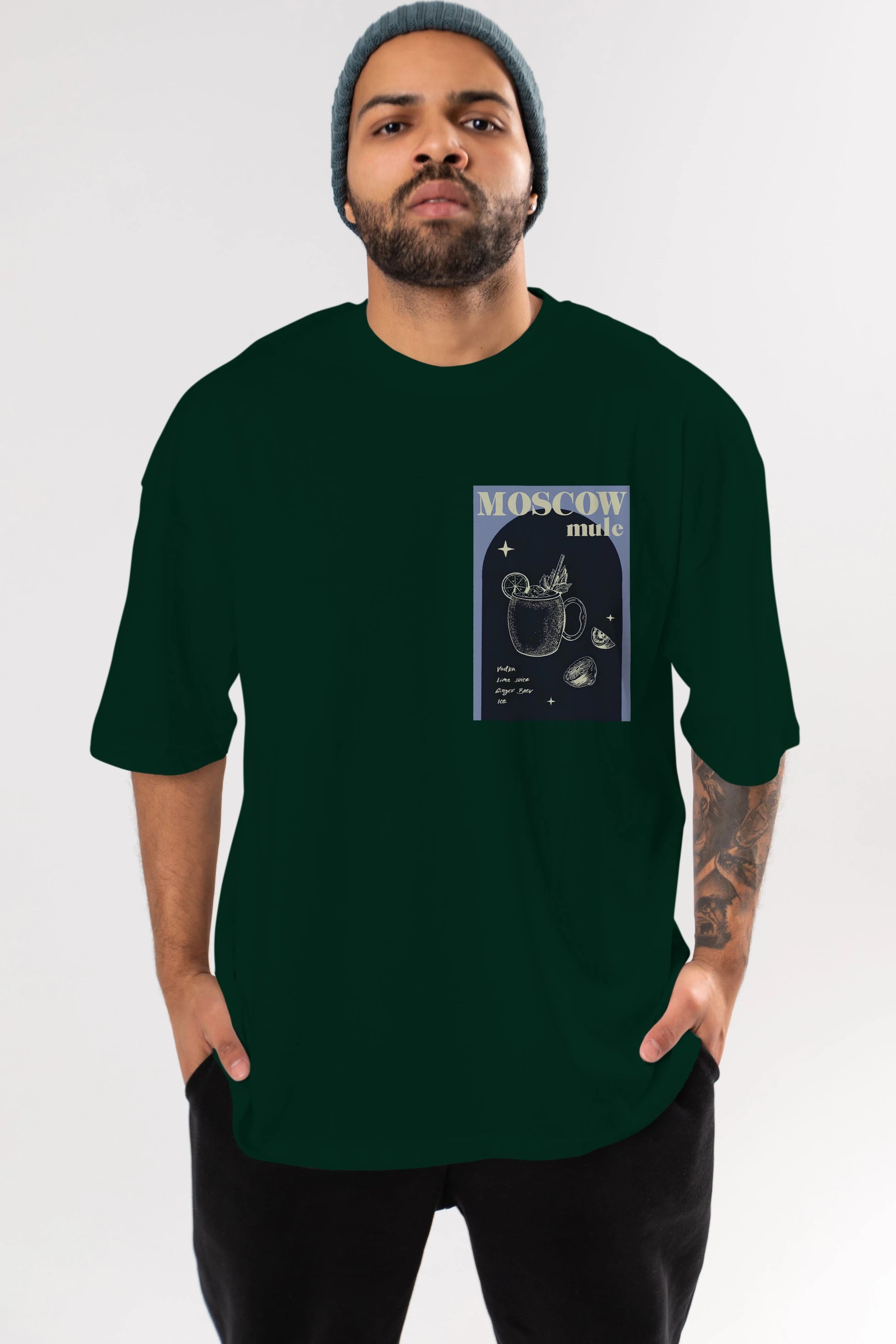 Moscow Mule Ön Sol Baskılı Oversize t-shirt Erkek Kadın Unisex %100 Pamuk Bisiklet Yaka tişort