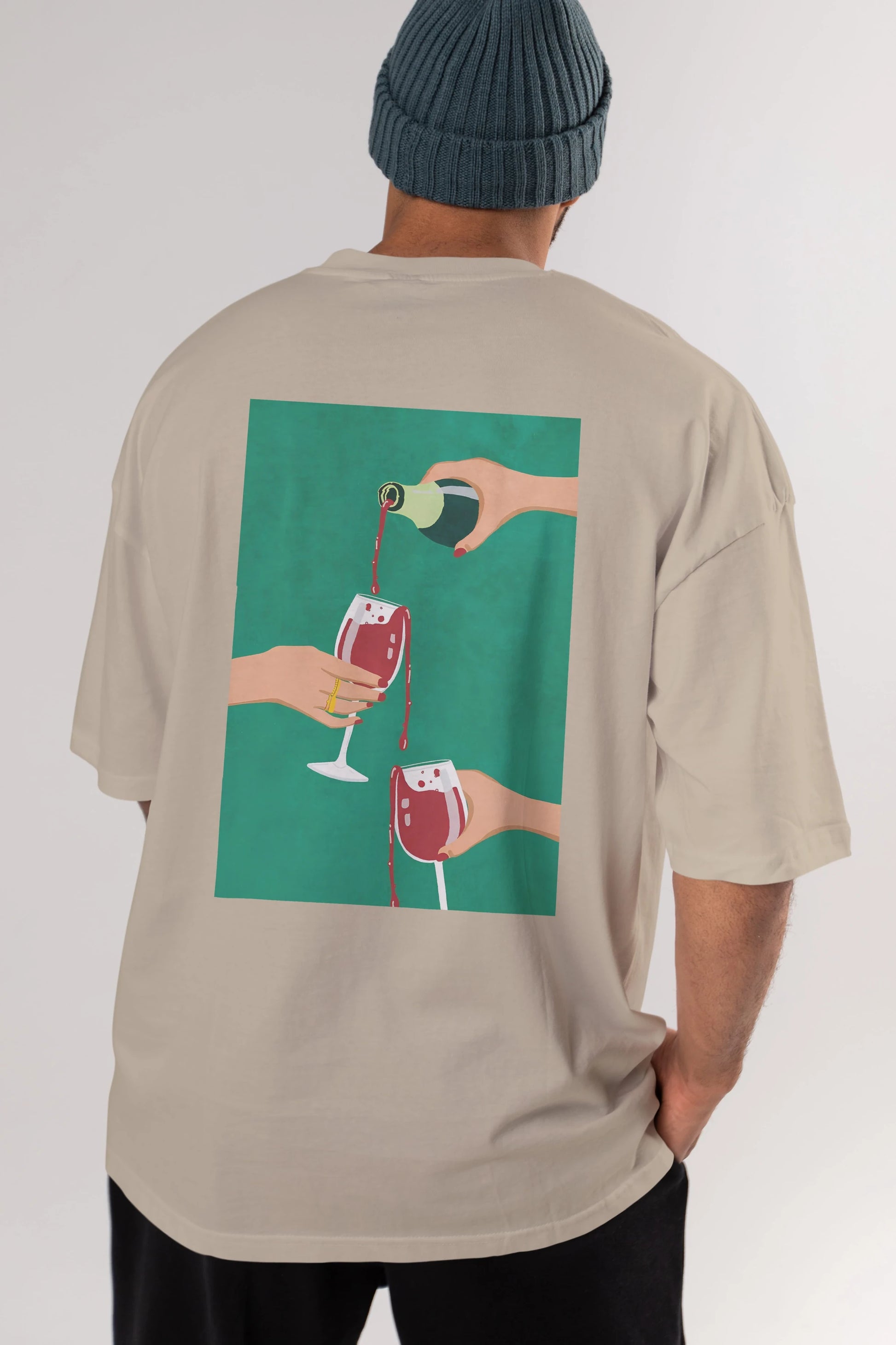 Wine 2 Arka Baskılı Oversize t-shirt Erkek Kadın Unisex %100 Pamuk Bisiklet Yaka tişort