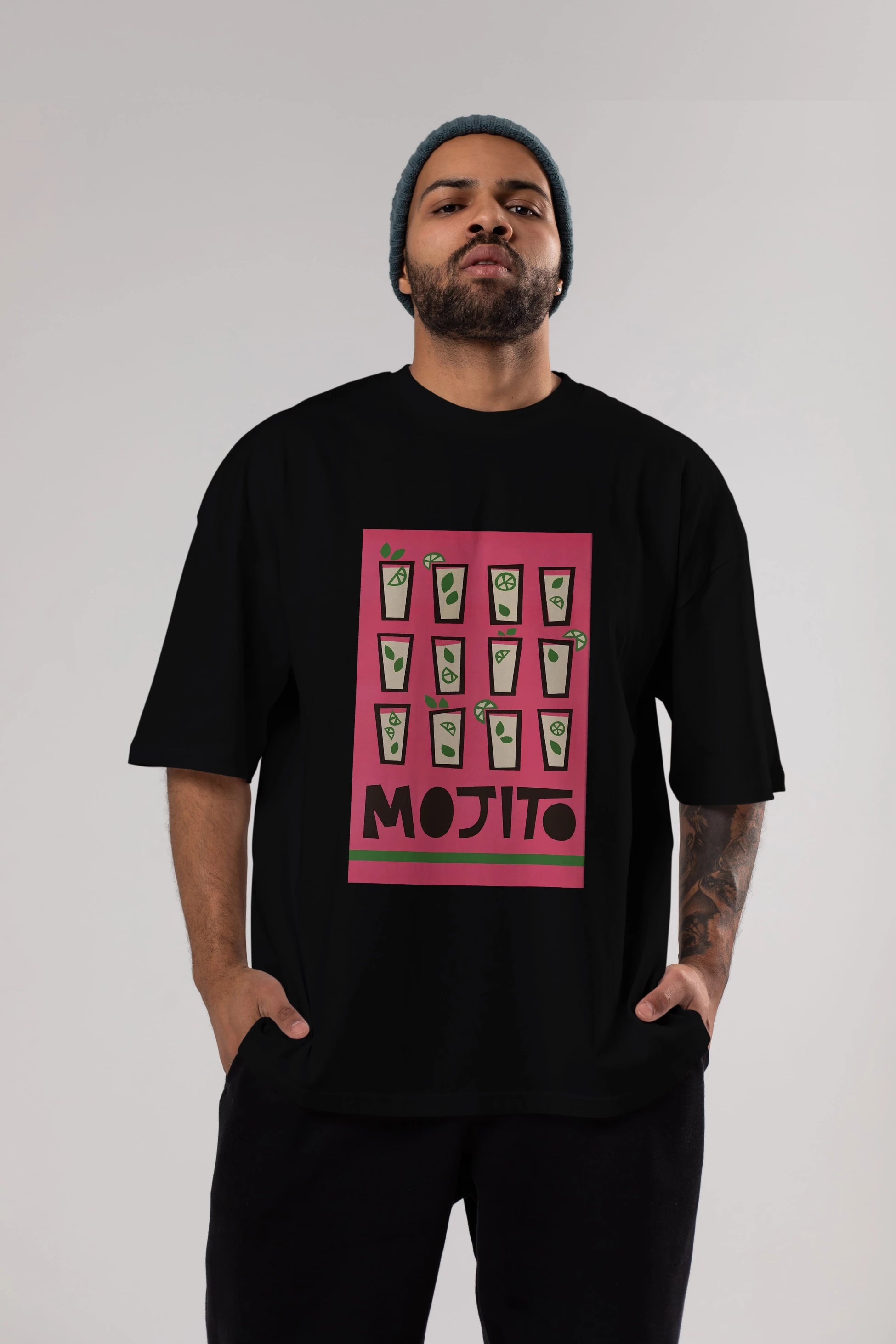 Mojito Ön Baskılı Oversize t-shirt Erkek Kadın Unisex %100 Pamuk Bisiklet Yaka tişort